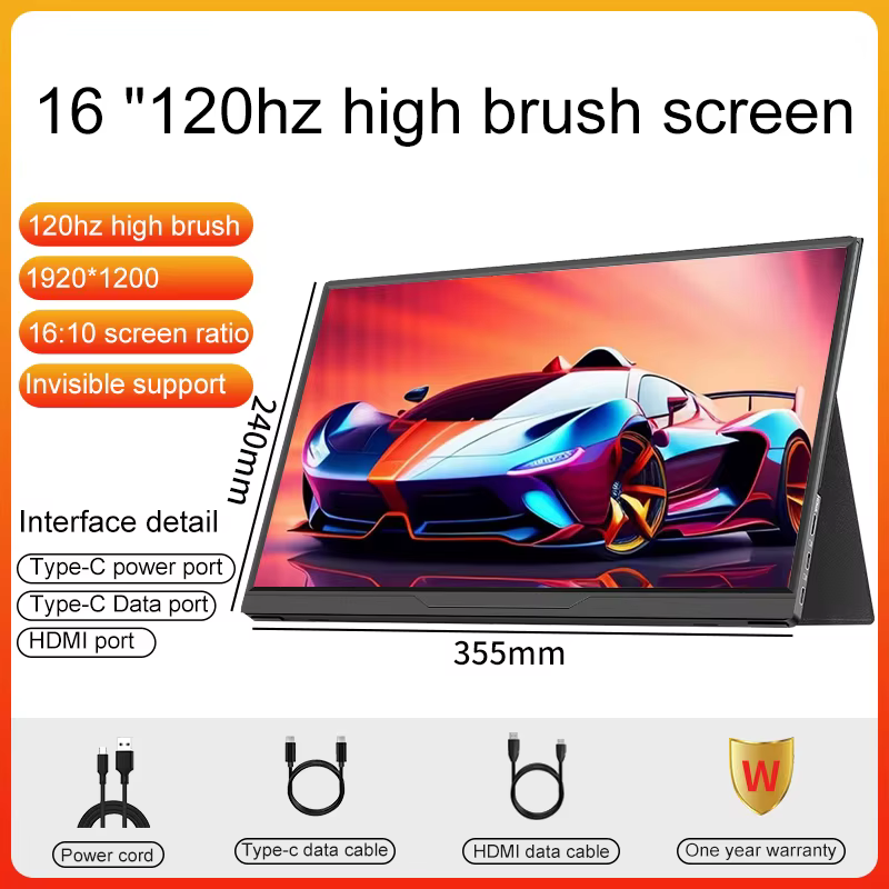 Moniteur portable de 16 pouces, 100% SRGB, 120Hz, écran d'ordinateur portable de jeu avec Type C Min