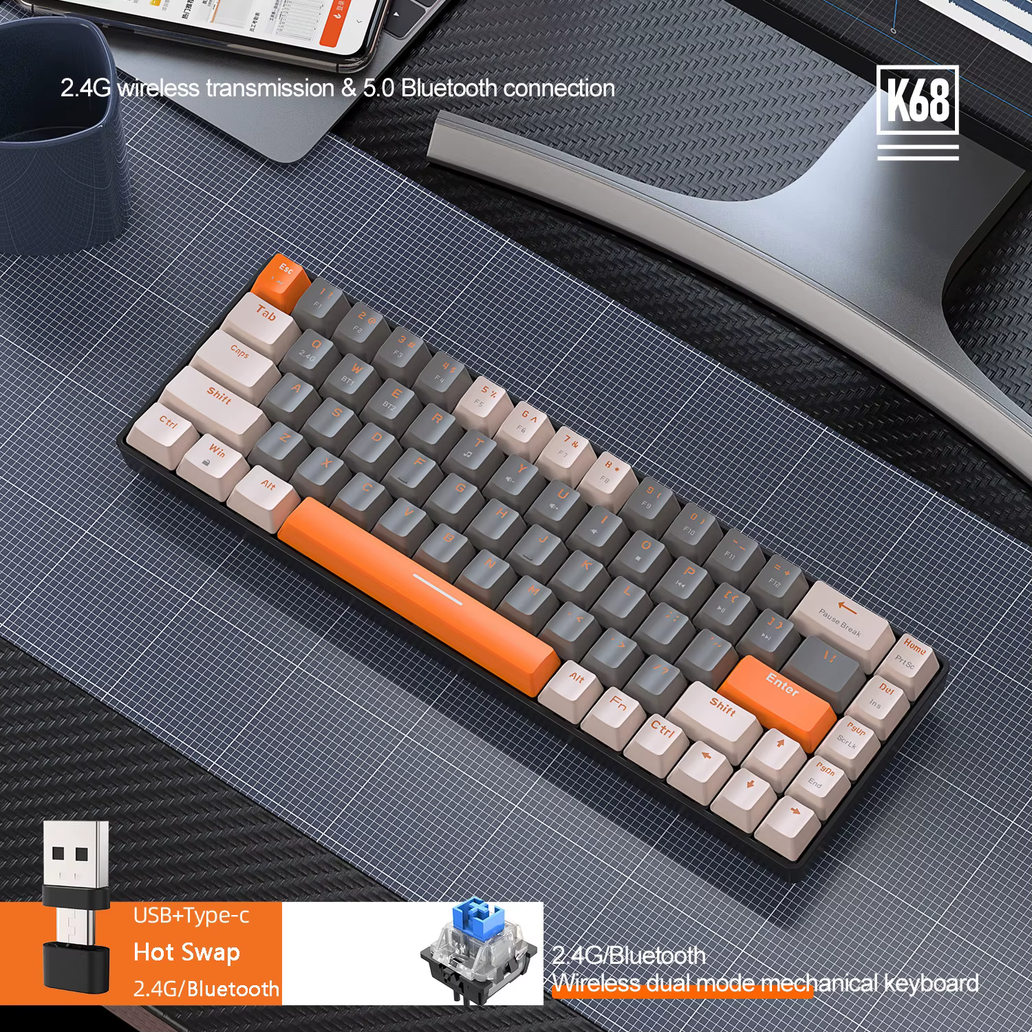 Clavier mécanique sans fil Bluetooth pour jeux, pour PC, iPad, tablette, téléphone portable, télévis