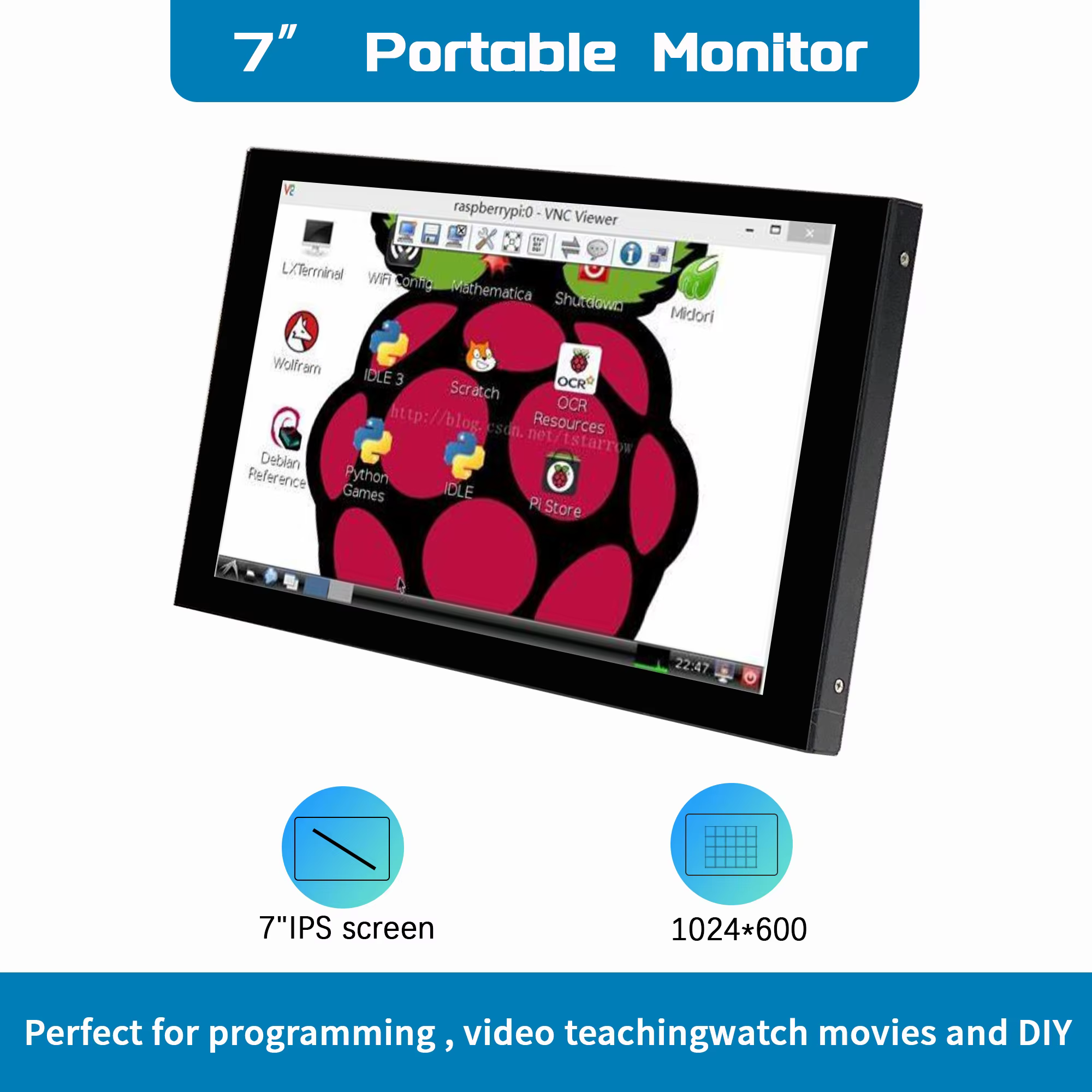 Raspberry Pi 7 pouces écran NONTouch IPS 1024x600 HD LCD HDMI-affichage pour RPI 4B 3B + 3B PC écran