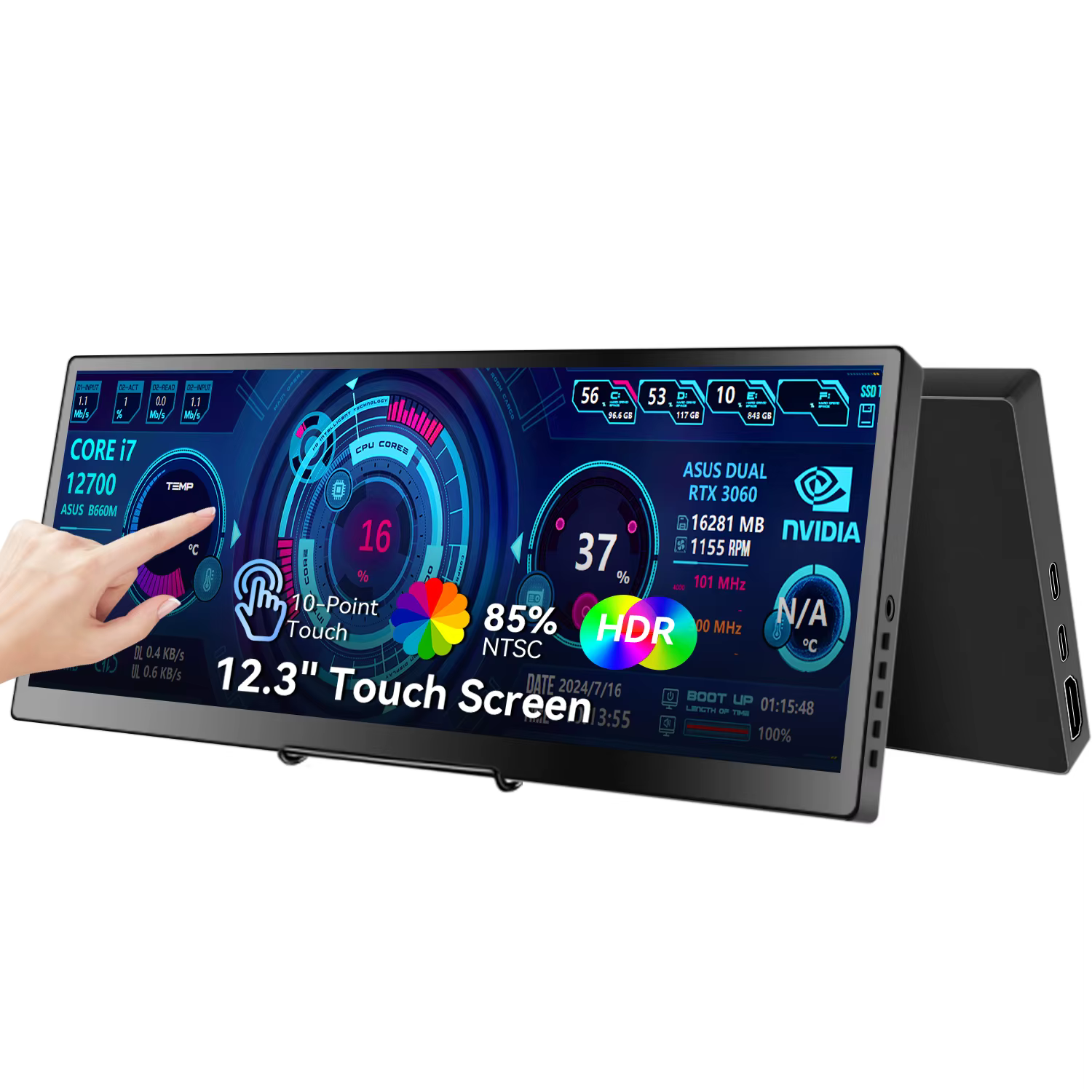 Moniteur à écran tactile 12.3 /14.5 pouces, HDMI et Type C, 1920x720/2.5K, écran IPS, barre LCD, aff