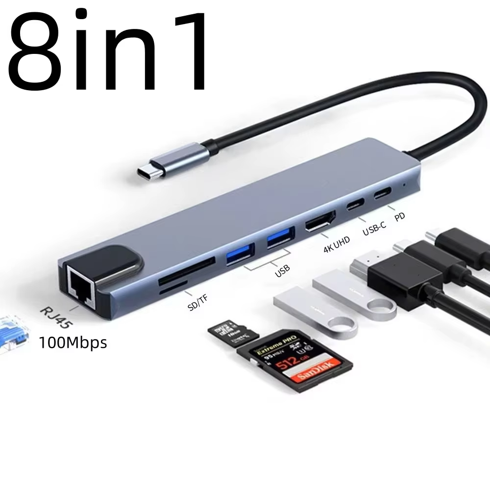 Station d'accueil USB C avec sortie HDMI 4K, Ethernet 100 Mbps, lecteur de cartes SD/TF, USB 3.0/2.0