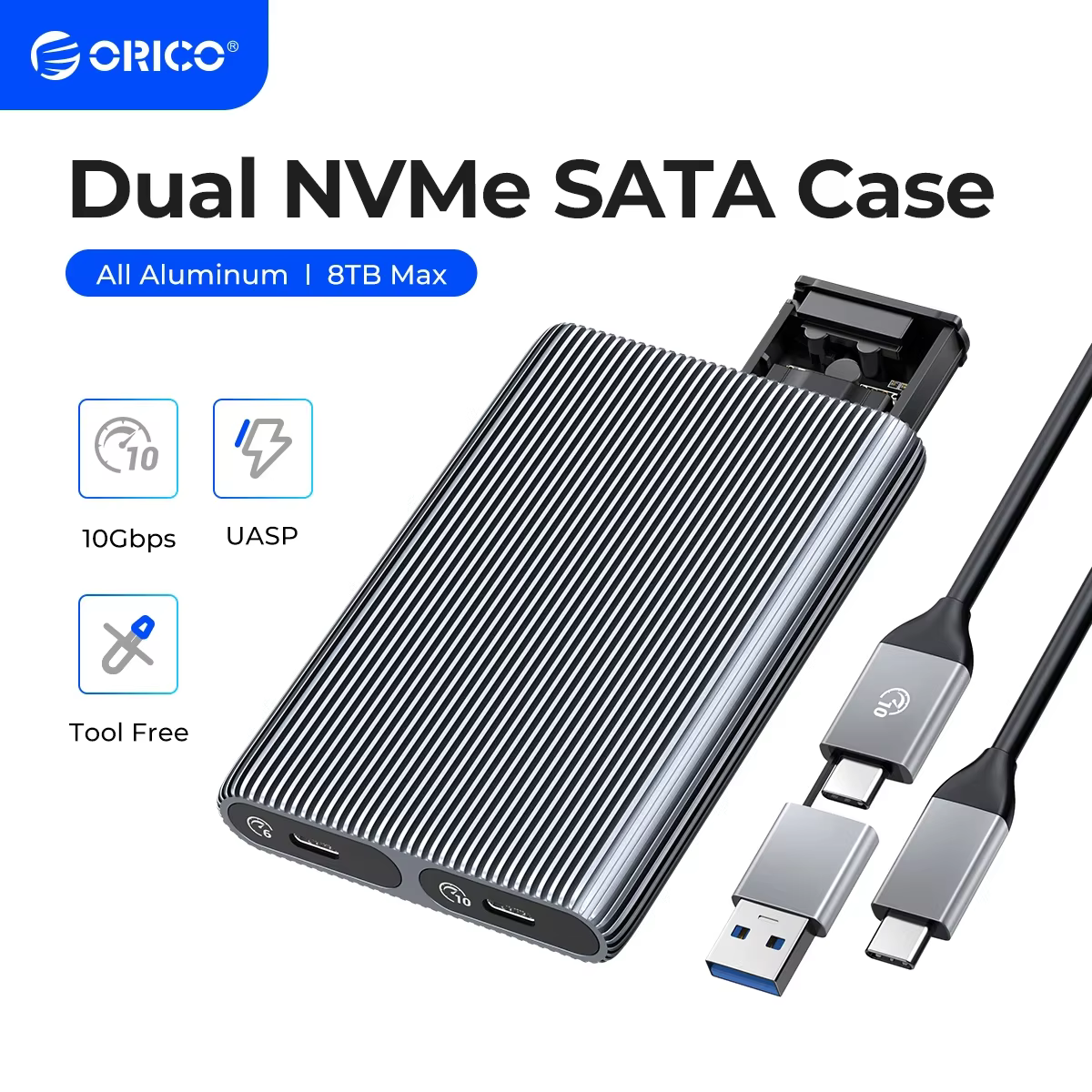 ORICO – boîtier double baie en aluminium pour SSD NVME M.2, USB C 3.1 Gen2, 10Gbps, pour clé M et cl