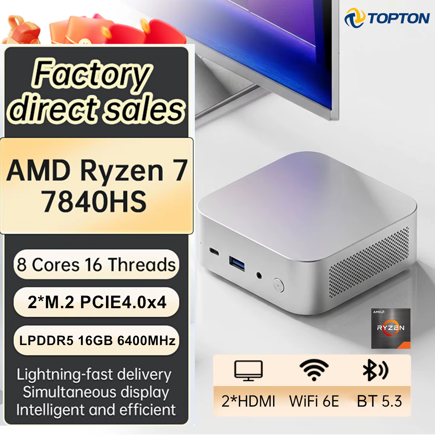 Mini PC portable Topton pour jeux AMD Ryzen 7 7840HS 5 6600U 16 Go LPDDR5 6400 MHz USB4 2xNVMe Ordin