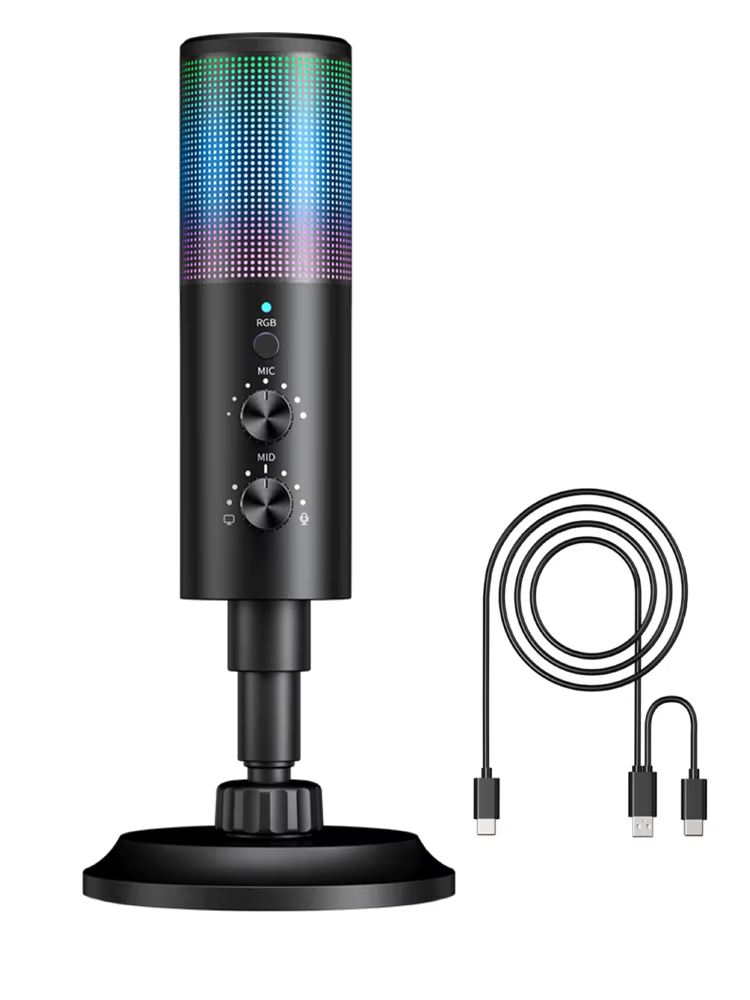 Microphone de jeu USB avec suppression du bruit, micro à condensateur RVB, muet, gain, surveillance,
