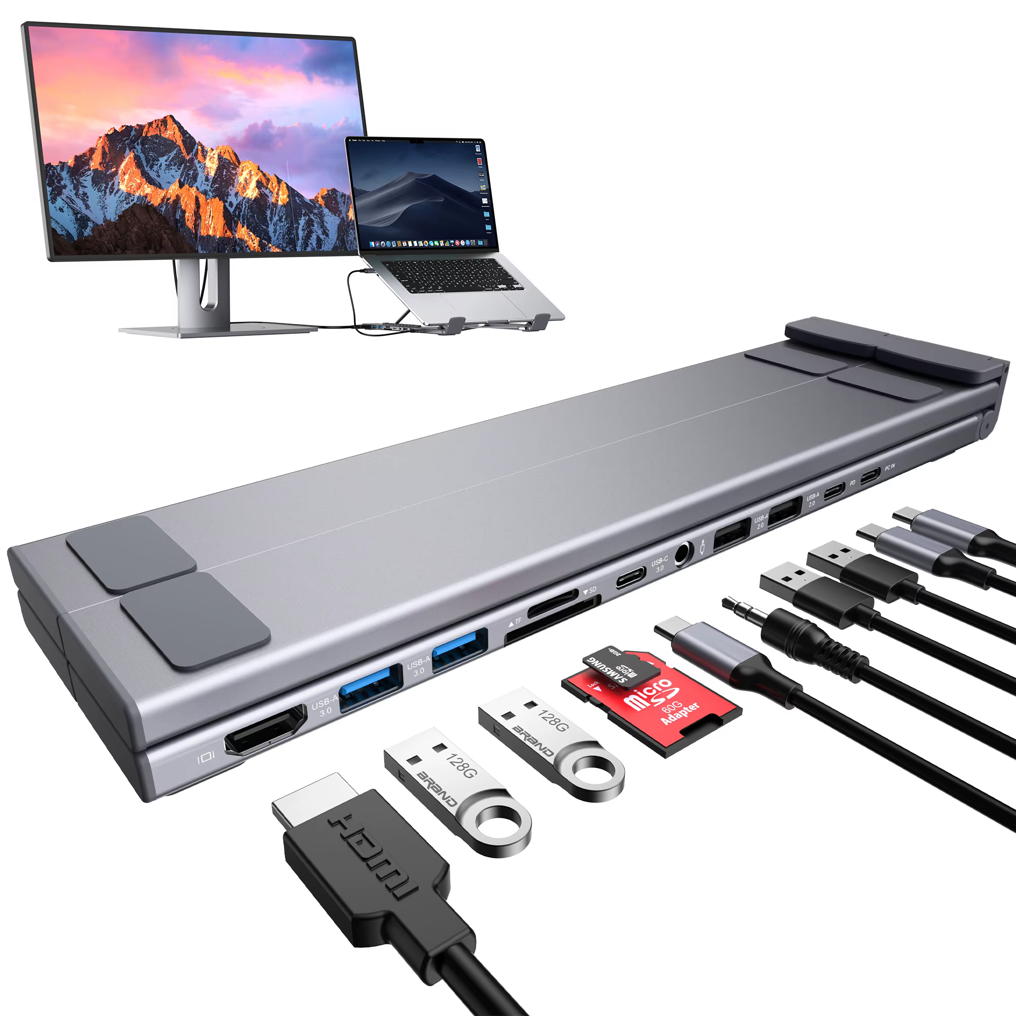 Station d'accueil pour ordinateur portable 11 en 1, Hub USB C avec HDMI 4K@60Hz, PD 100W, SD/TF, Aud