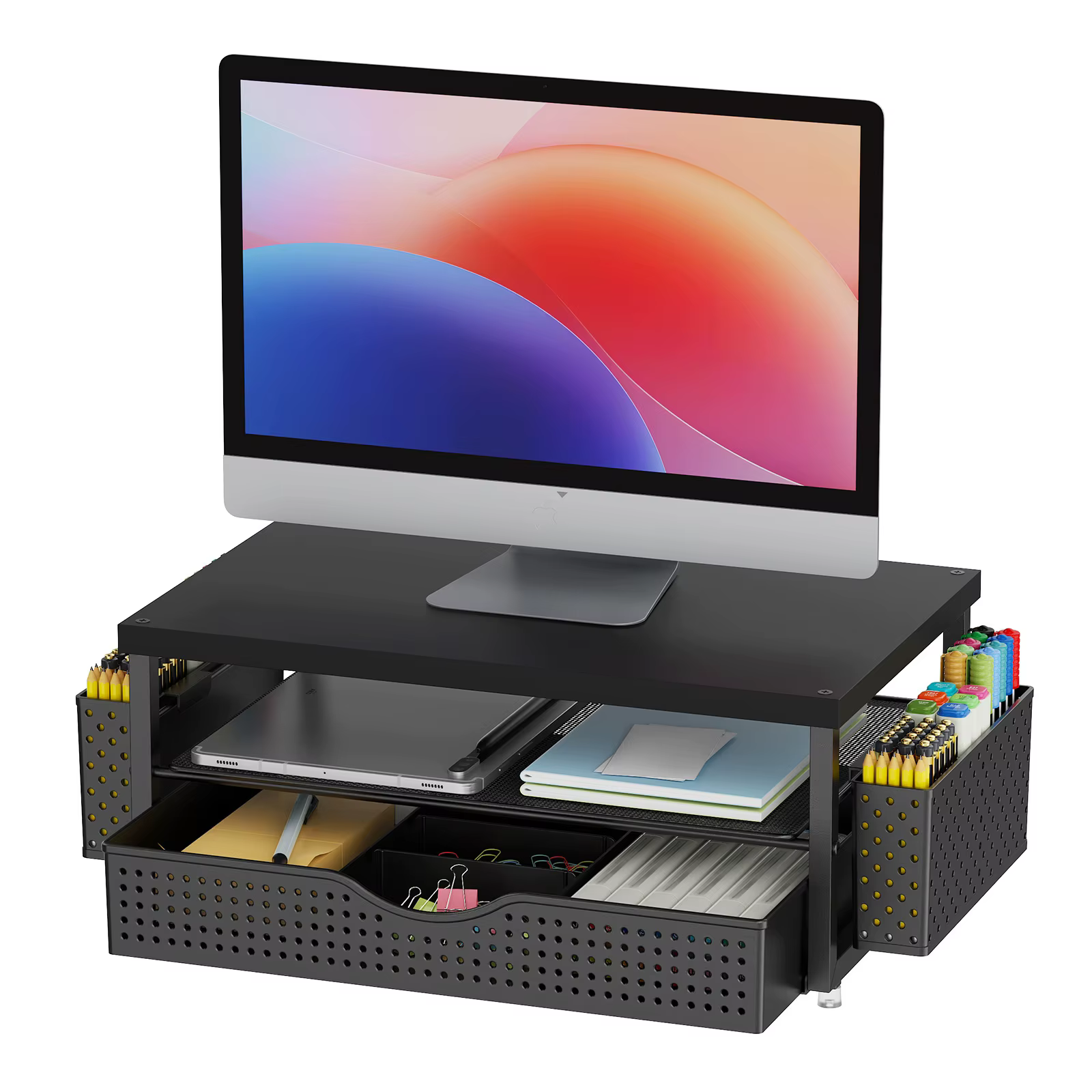 Support d'écran d'ordinateur à 2 niveaux avec tiroir et 2 porte-stylos, support de bureau pour ordin
