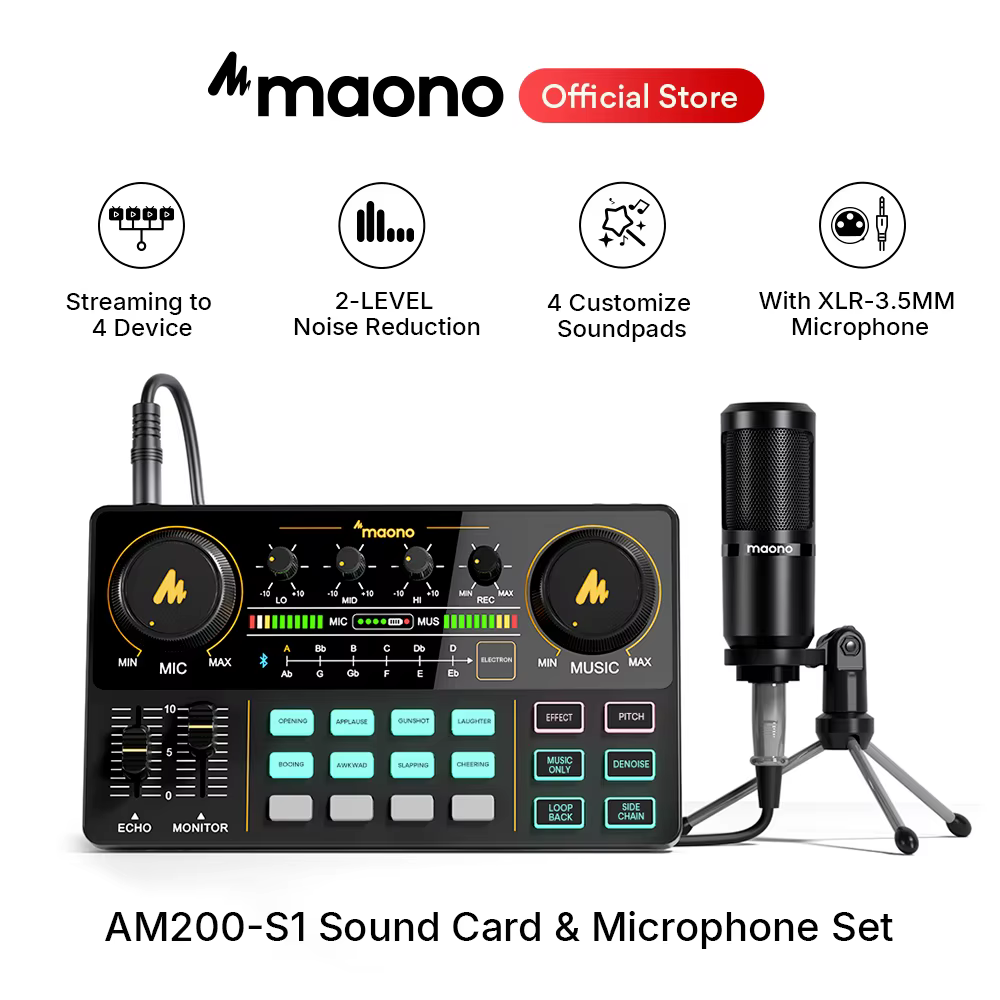 Ensemble carte son et microphone Maono AM200-S1, interface audio MaonoCaster avec micro à condensate