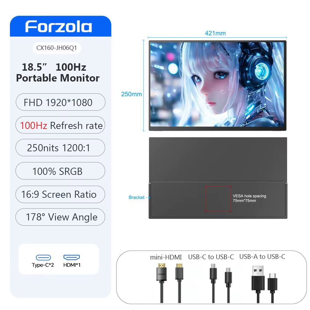 Moniteur portable FORZOLA 17,4/18,5/19 pouces 144Hz UHD 4K, écran de jeu 2,5K pour ordinateur portab