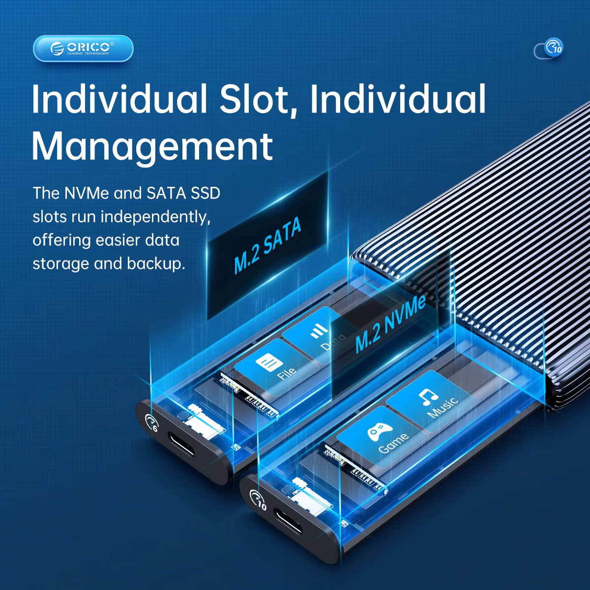 ORICO – boîtier double baie en aluminium pour SSD NVME M.2, USB C 3.1 Gen2, 10Gbps, pour clé M et cl