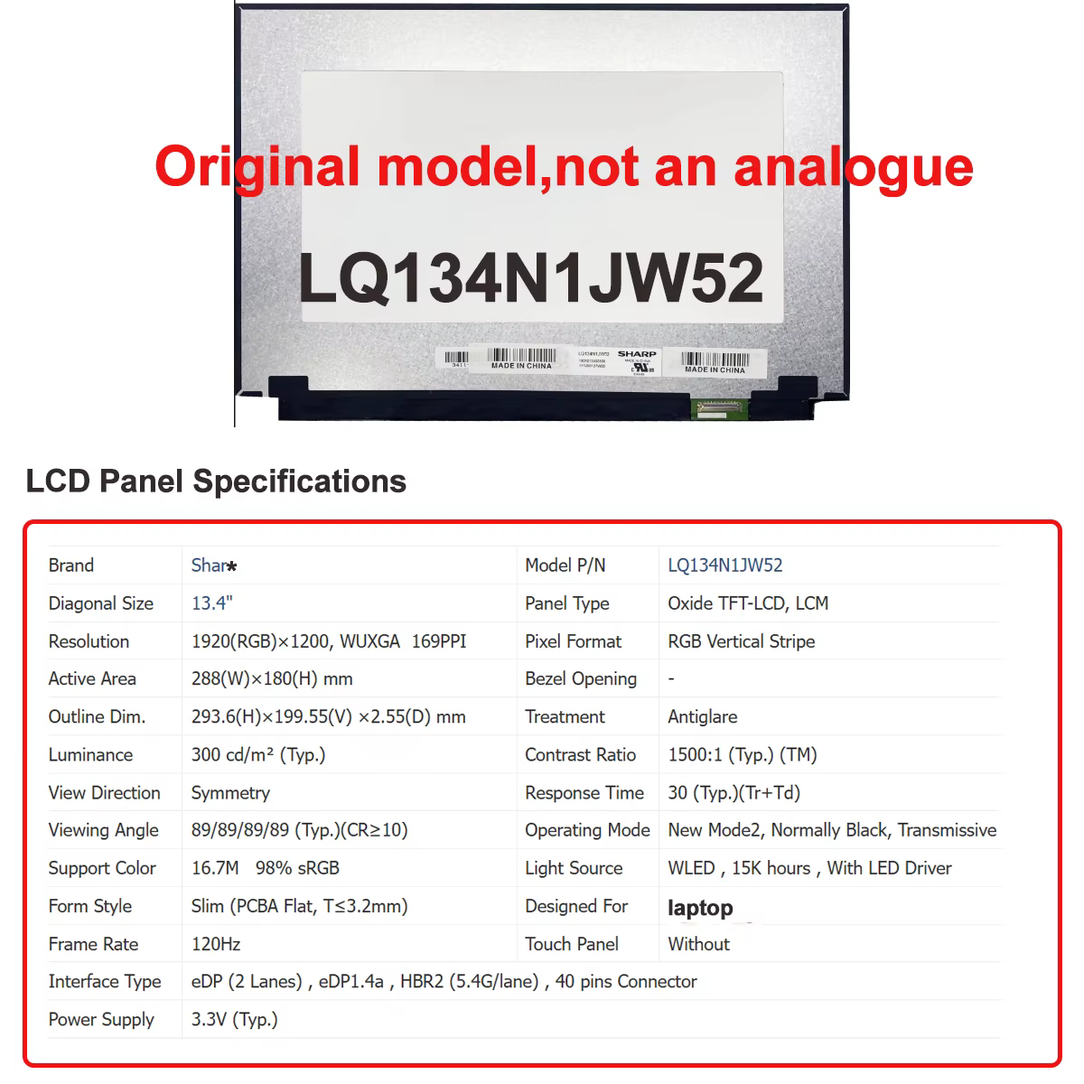 Écran LCD d'origine neuf A+ 13,4 pouces LQ134R1JX45 LQ134N1JW54 LQ134N1JX41 LQ134N1JW01 LQ134N1JW02 