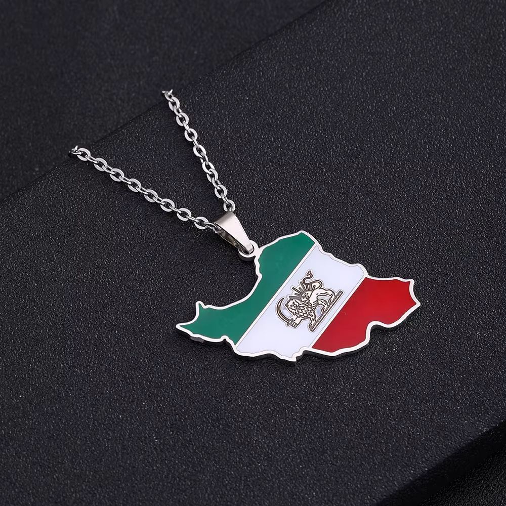 Colliers pendentifs en émail avec carte et drapeau de l'Iran, bijoux en acier inoxydable iranien pou