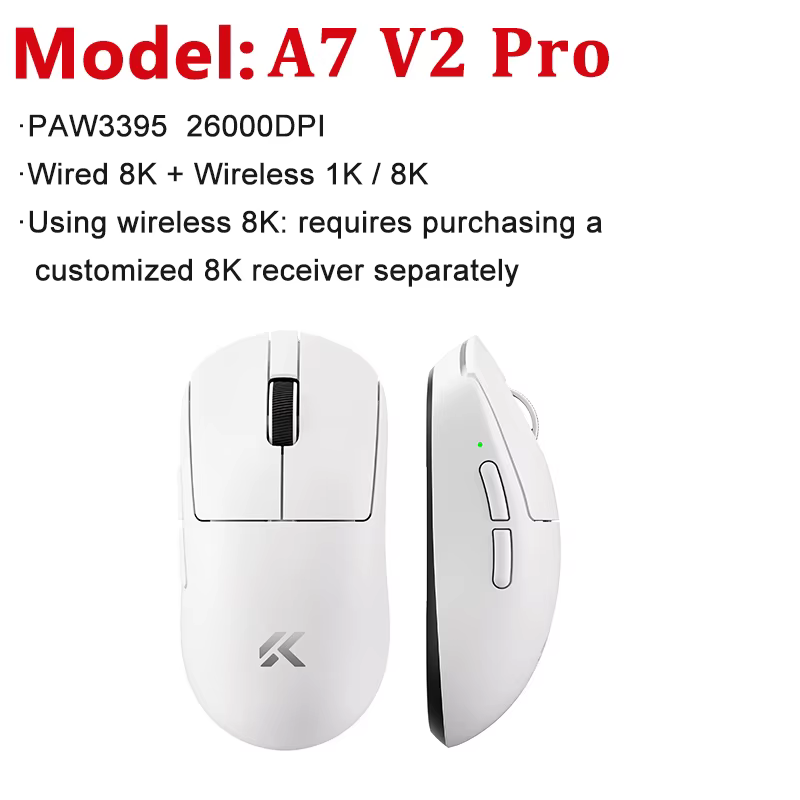 Souris de jeu sans fil ultra-légère MCHOSE A7 V2 Ultra / Pro, double capteur PAW3950 TI 8000Hz, 4200
