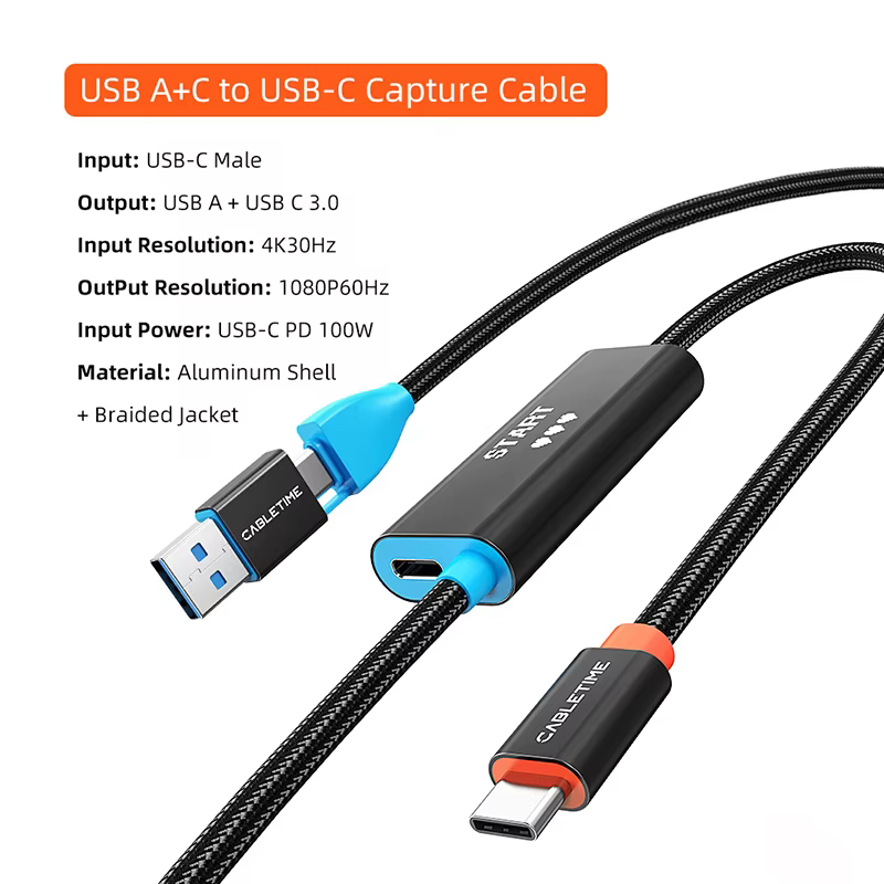 Câble de capture CABLETIME USB C/A 2 en 1 1080P@60Hz PD 100W 5Gbps Coque en aluminium pour tablette 