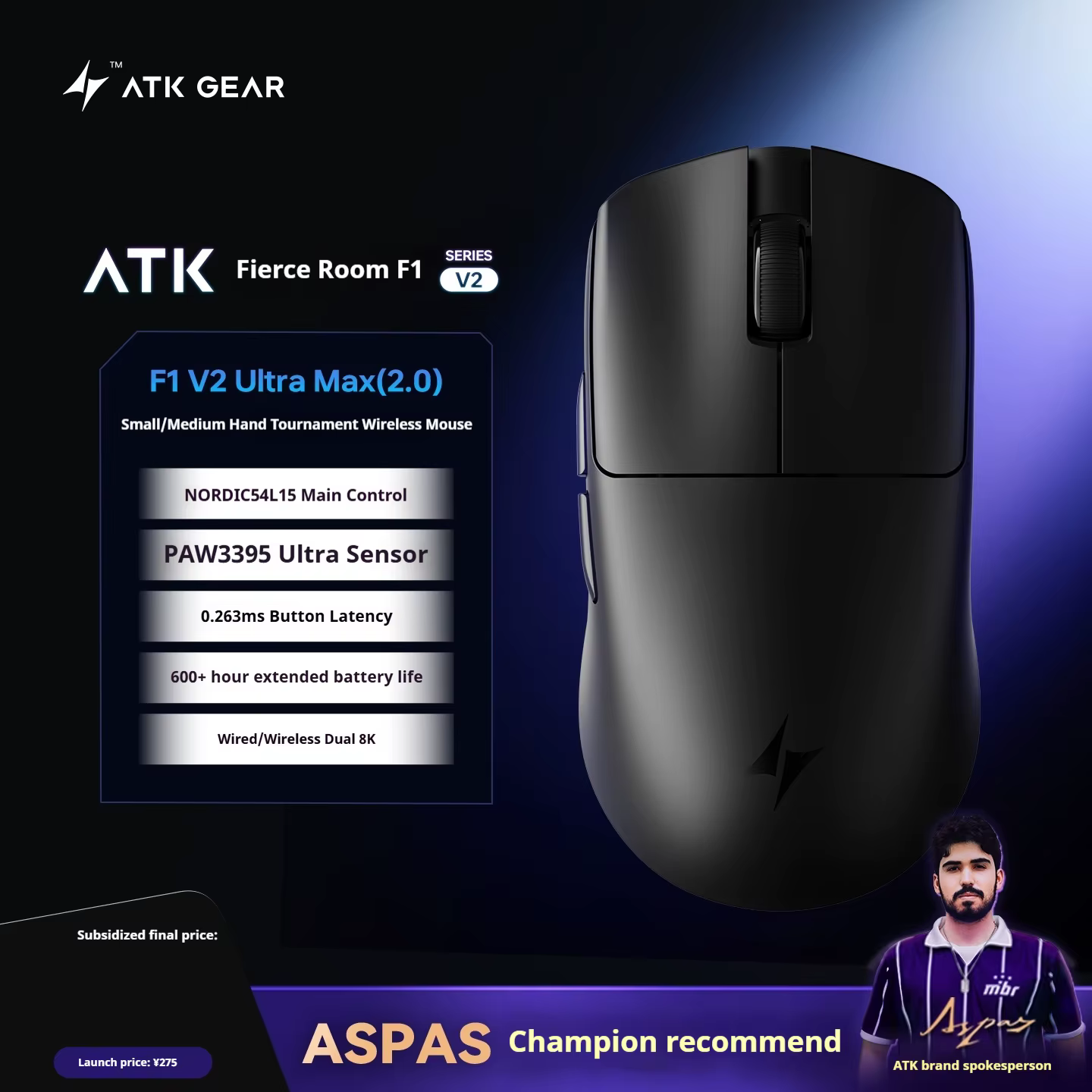 Atk F1 V2 Ultimate Mouse 38g léger double Mode sans fil 8K Gamer souris faible latence Paw3950utrla 