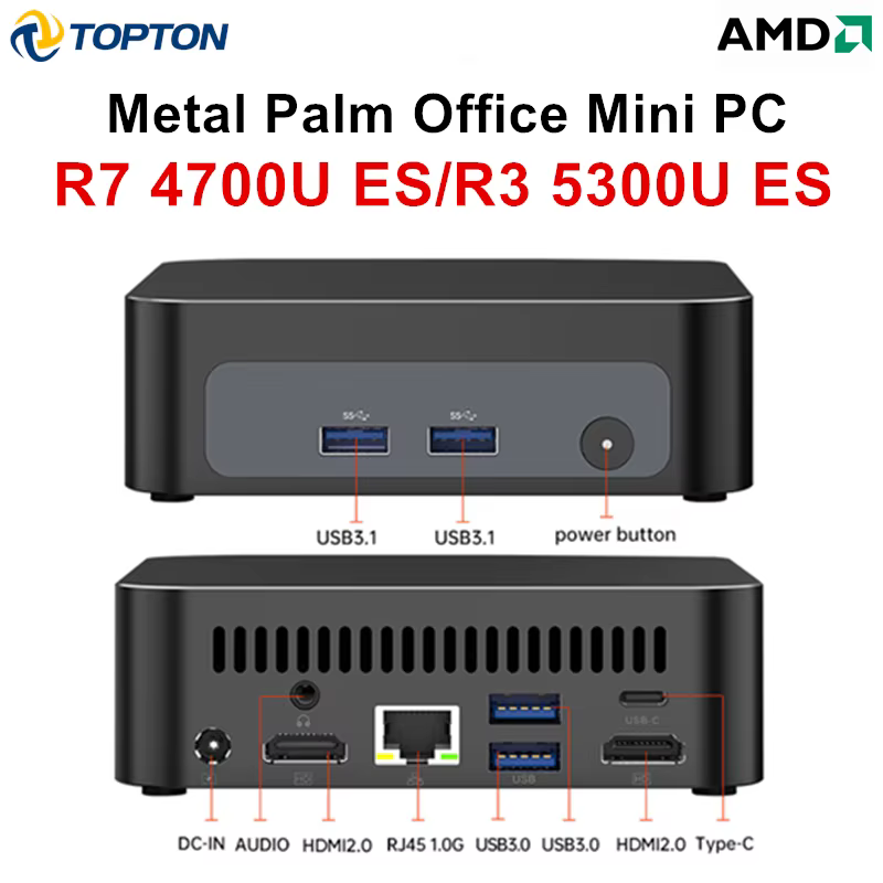 Mini PC de jeu Topton Palm, AMD Ryzen 7 4700U ES 3 5300U ES, 2*DDR4, 2*emplacements M.2, PC de burea