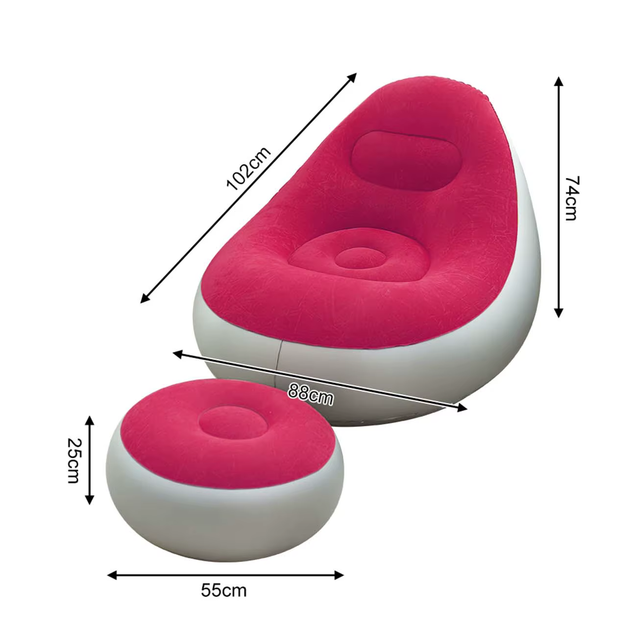 1 chaise longue gonflable, fauteuil gonflable portable avec surface floquée, dossier et repose-pieds