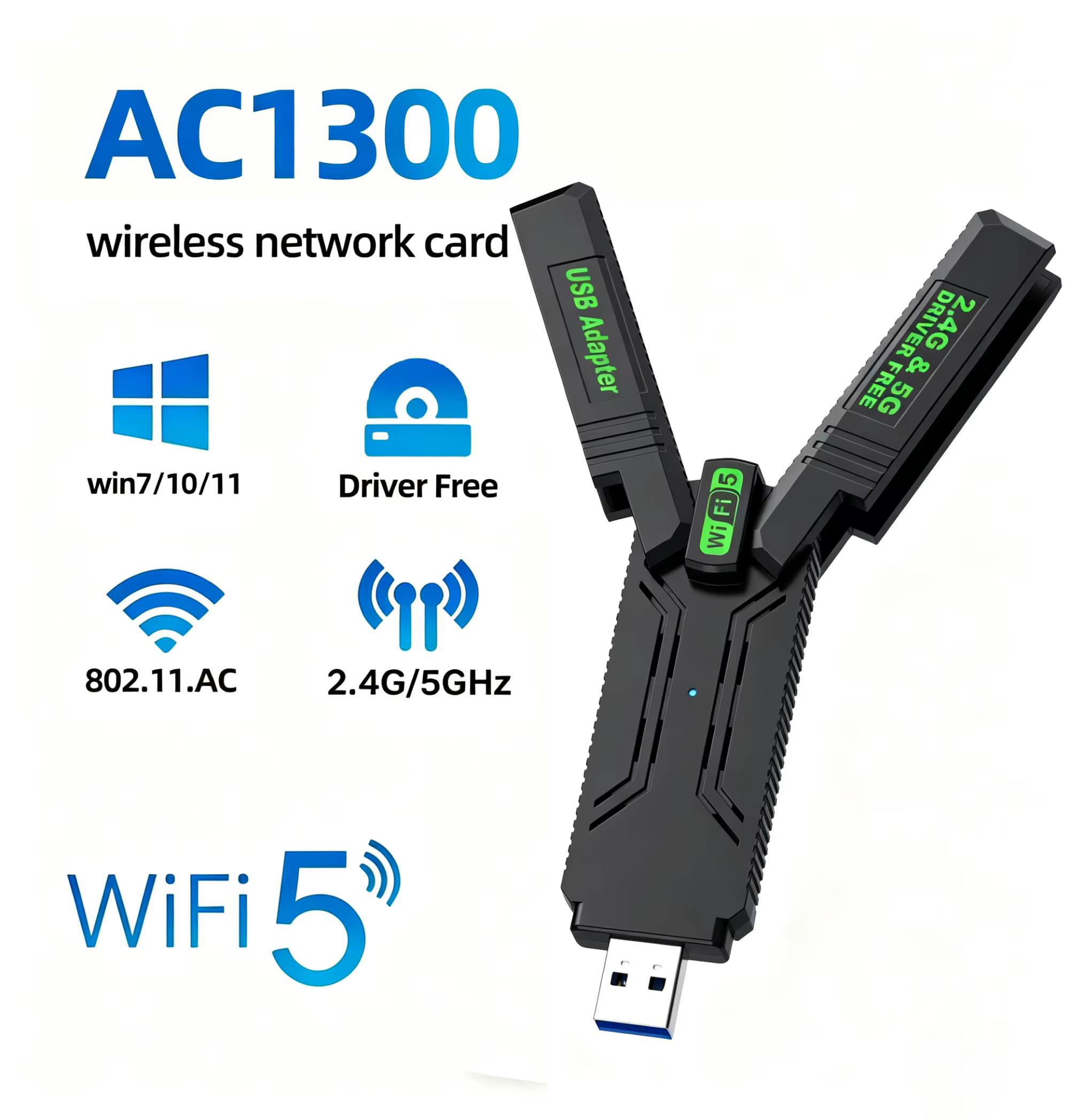 Carte réseau sans fil WiFi 5, 1300M, double bande 2.4G et 5GHz, USB 3.0, adaptateur Wifi haute vites