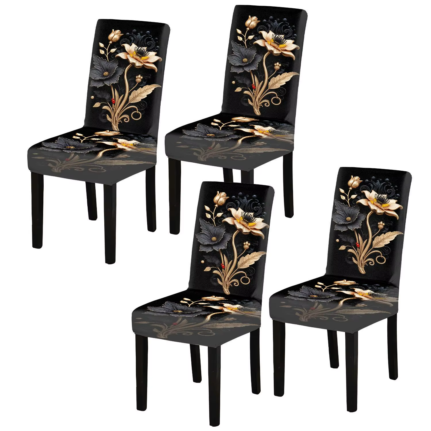 Housse de chaise de salle à manger extensible, luxe, or noir, floral, Art Déco, amovible, lavable, h
