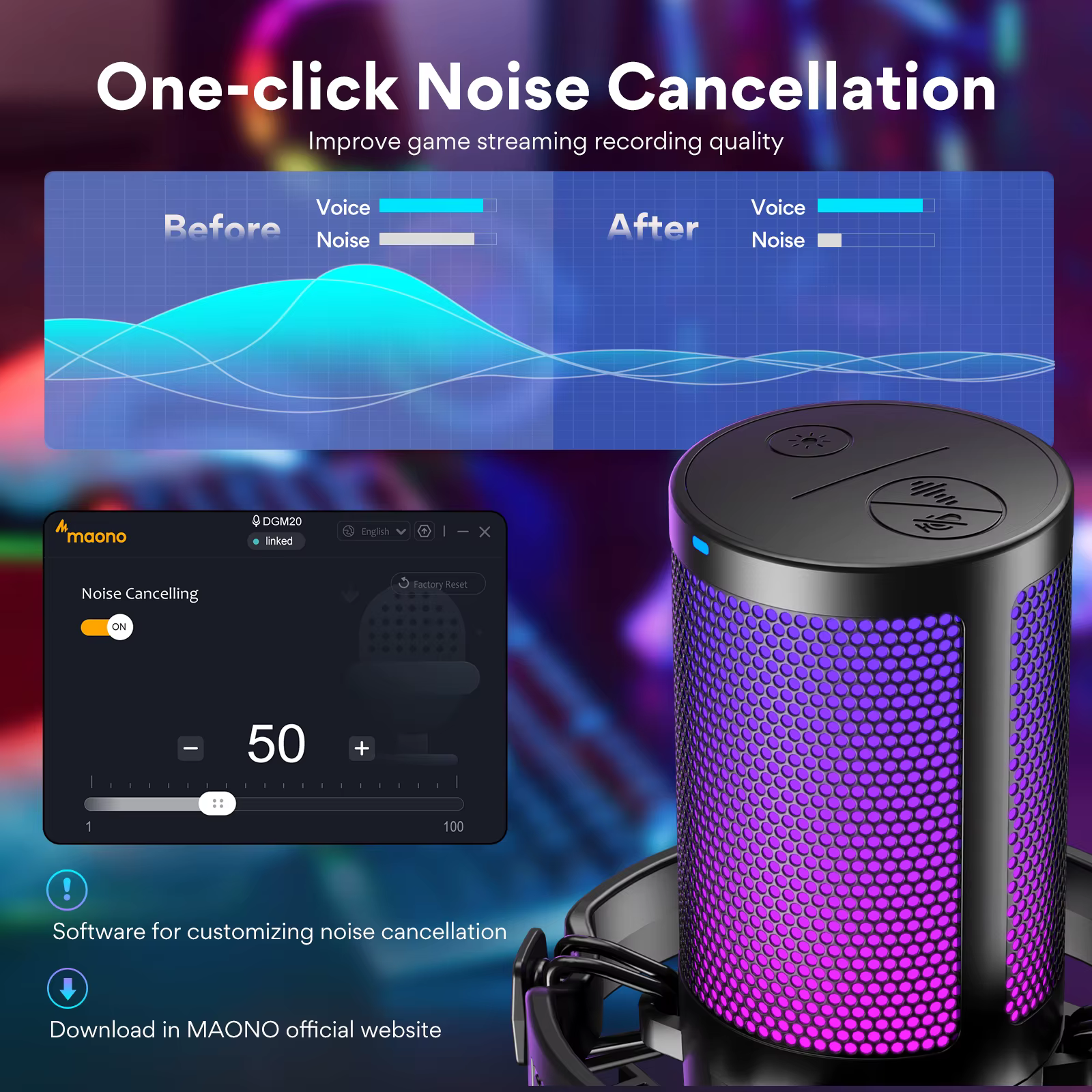 Microphone de jeu Maono DGM20, microphone USB à condensateur, micro de jeu RGB avec logiciel de rédu