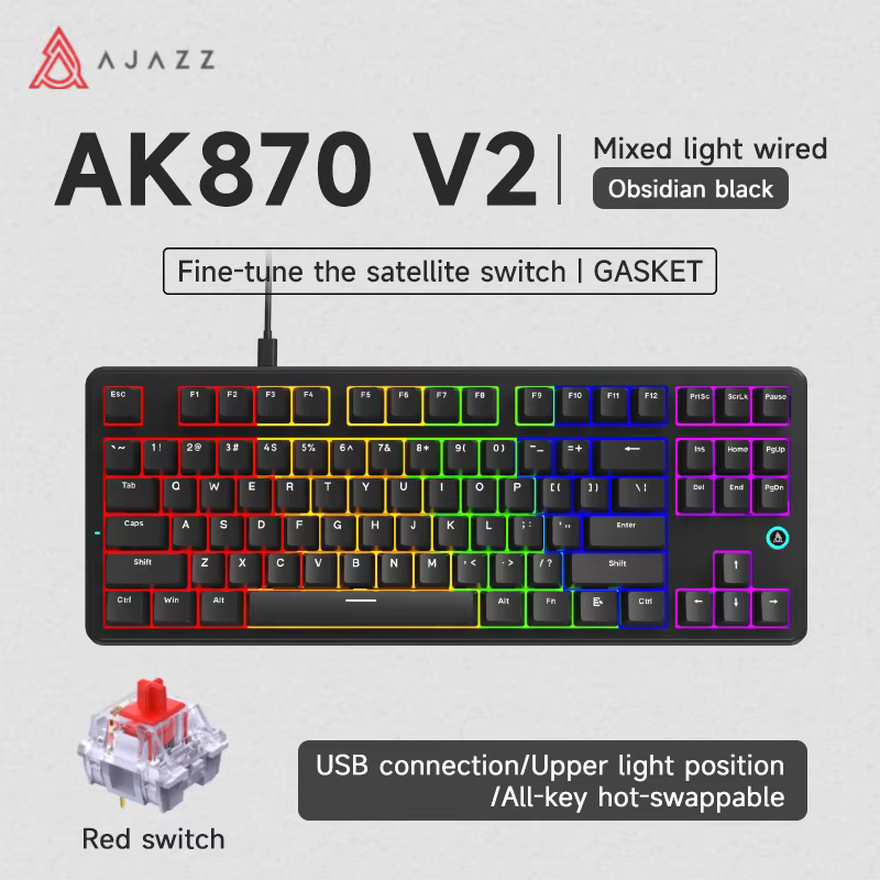 Le clavier mécanique de jeu Ajazz AK870 V2 est un clavier de jeu filaire rvb remplaçable à chaud ada