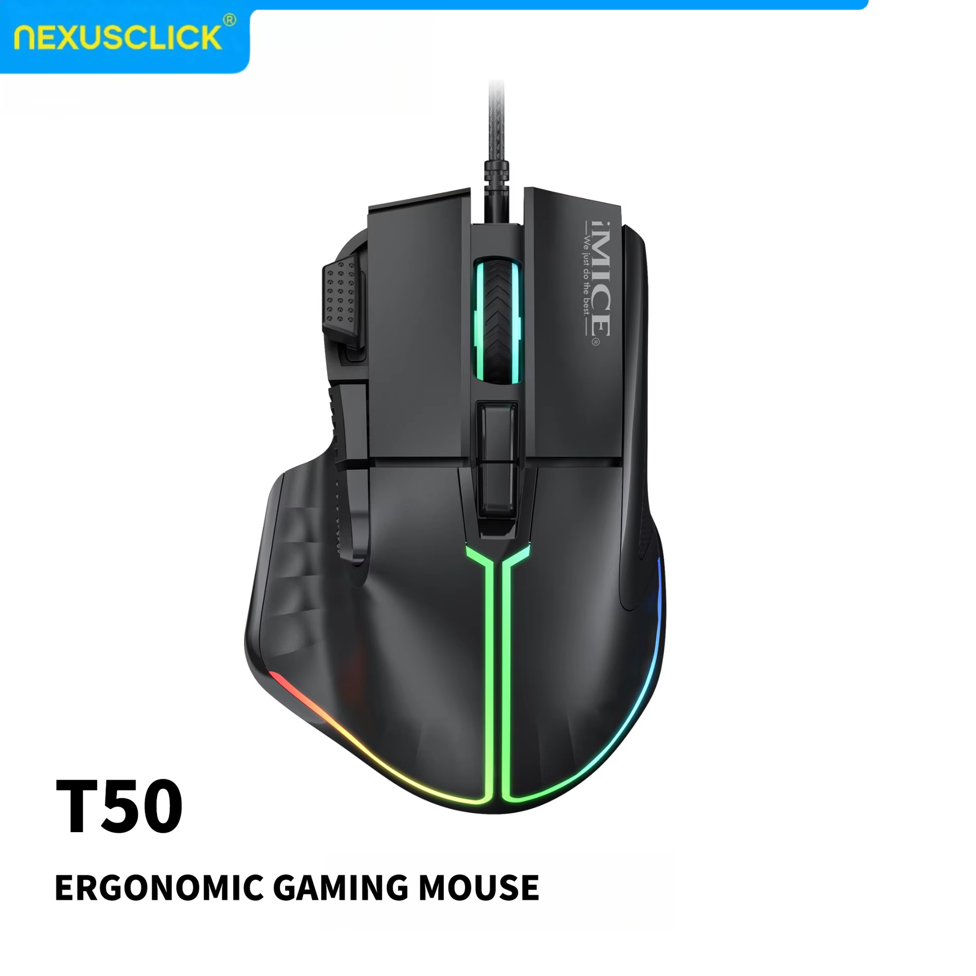 NexusClick Nouvelle souris de jeu filaire USB Hyperspeed, puce de jeu 12800 DPI, rétroéclairage RVB,