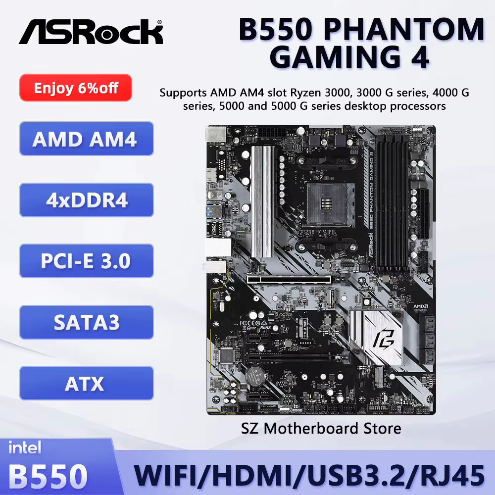 Carte mère ASROCK B550 PHANTOM GAMING 4 AMD B550 ATX pour socket AM4 AMD Ryzen 5600X 5800X 5900X 360