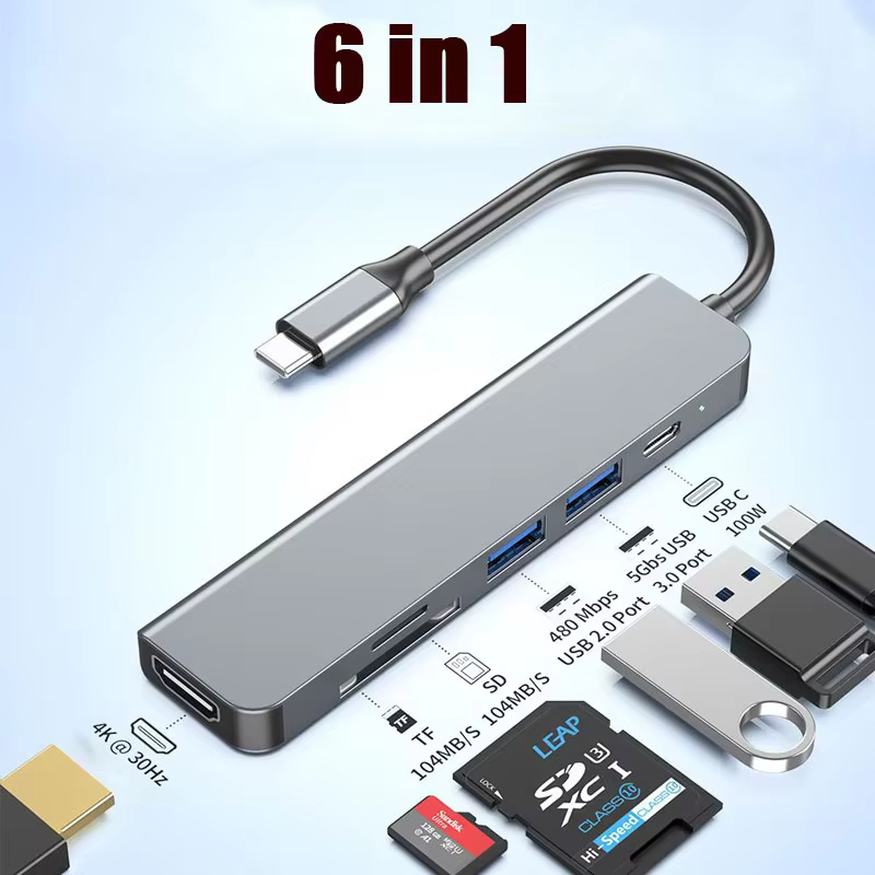 Hub USB C à 6 Ports vers lecteur de carte SD TF 4K, Compatible HDMI, USB 3.0 2.0, station de charge