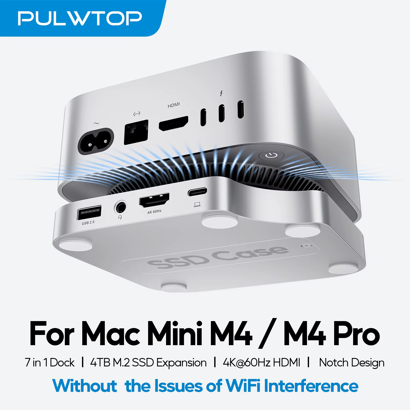 Dock PULWTOP Mac Mini M4 avec boîtier SSD 4 To, support HUB USB C HDMI 4K 60 Hz, USB A 2.0, SD/TF, a