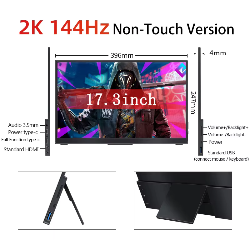 Moniteur Portable 17.3 pouces 2K 144Hz, écran tactile 2560x1440p, 1ms 144 Hz, taux de rafraîchisseme