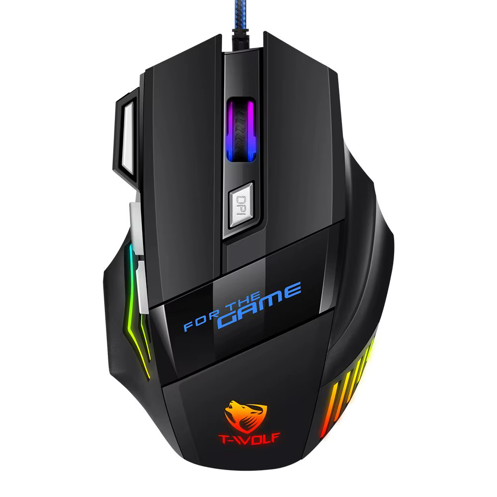 Souris de jeu filaire T-WOLF, 7 boutons, rétroéclairage RVB, souris mécanique ergonomique pour joueu