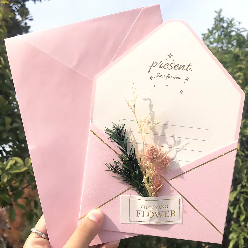 Carte de vœux avec fleurs séchées, estampage doré élégant, enveloppe rose, carte commémorative pour