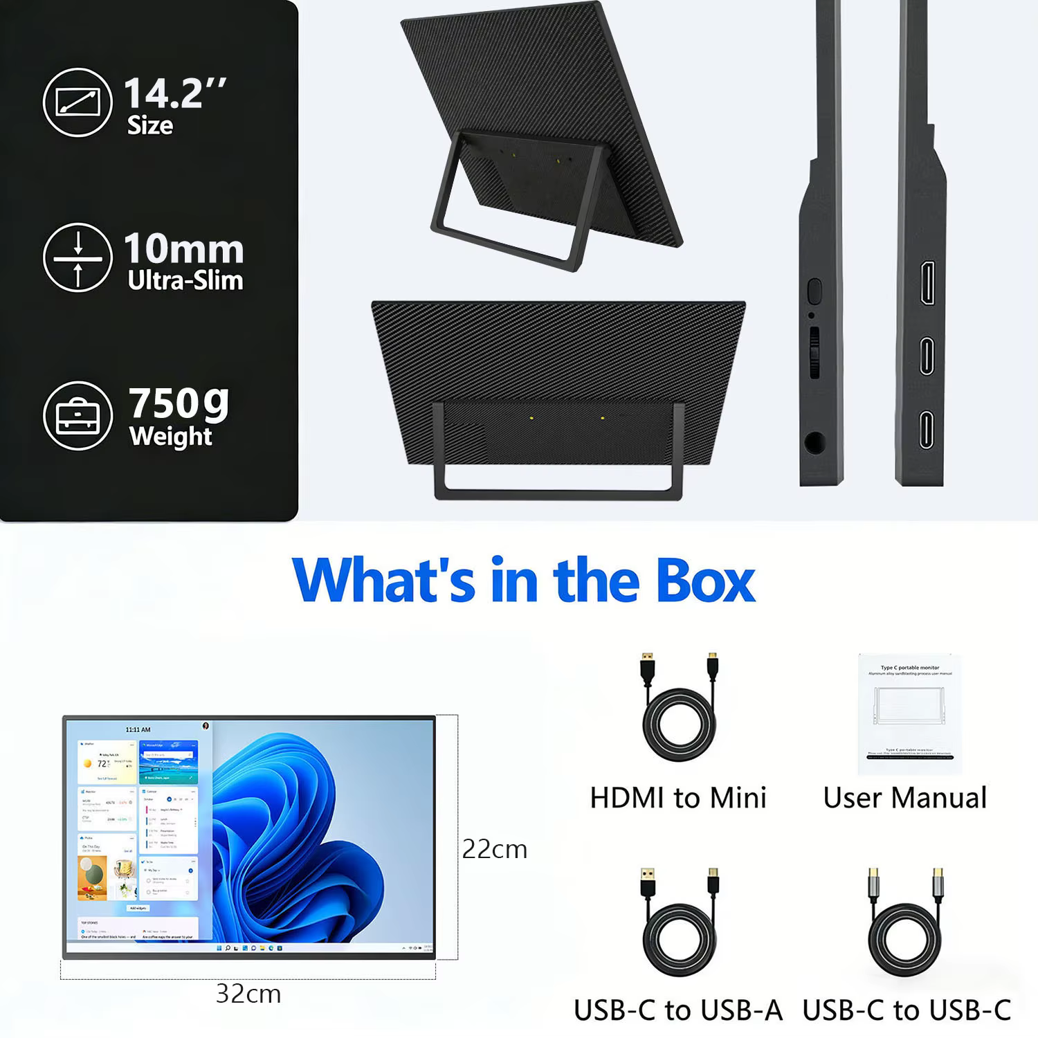 Écran tactile portable de 14,2 pouces, 2,5K, 100% sRGB, moniteur de jeu QHD, USB-C, mini-HDMI, deuxi