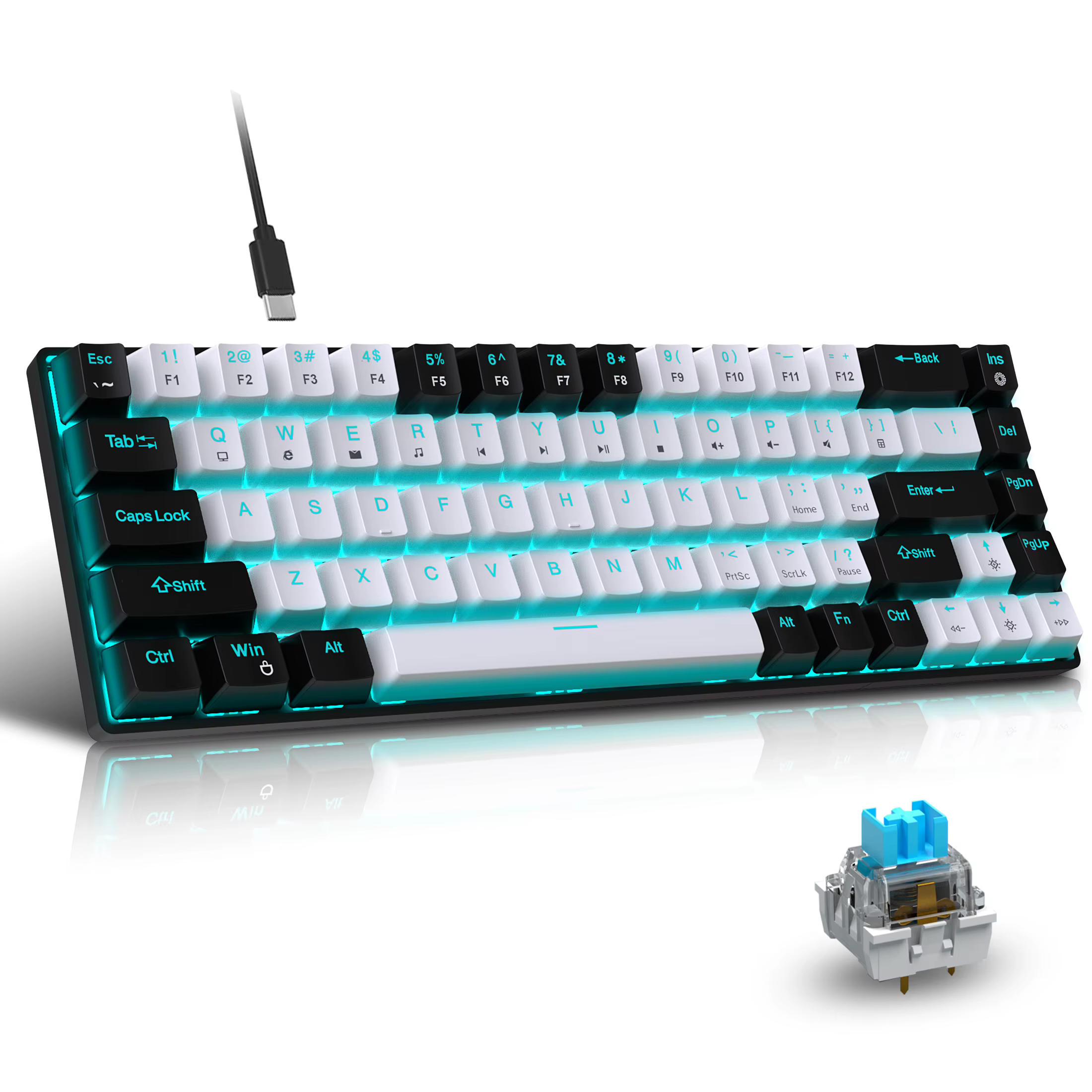 Clavier de jeu mécanique, clavier de jeu 68 touches avec bleu/interrupteurs, Mini clavier détachable