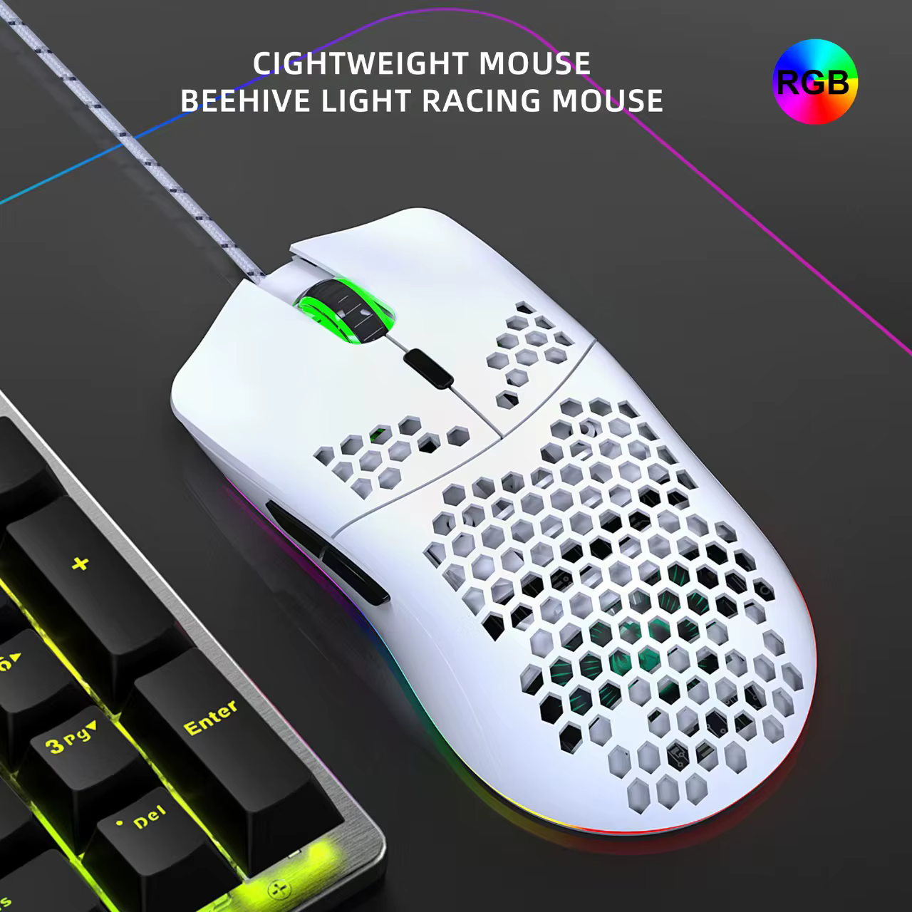 Souris de jeu blanche, éclairage rvb, conception à un trou, programmation Macro filaire, Compatible 