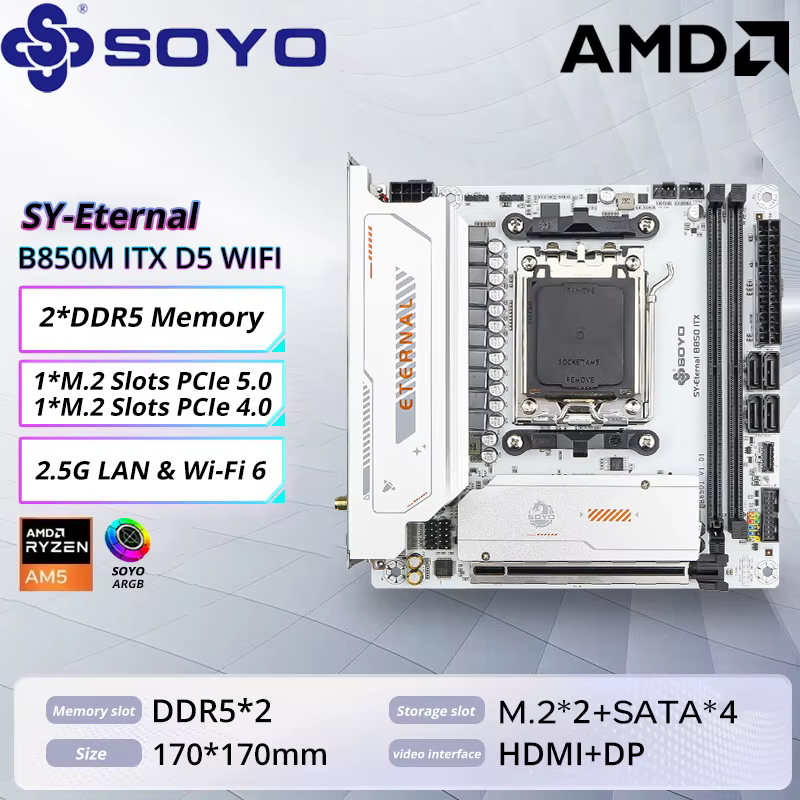 SOYO B850M ARGB carte mère WIFI6 MINI-ITX double canal DDR5 M.2 PCIE5.0 TYPE-C AM5 Socket AMD B850IT