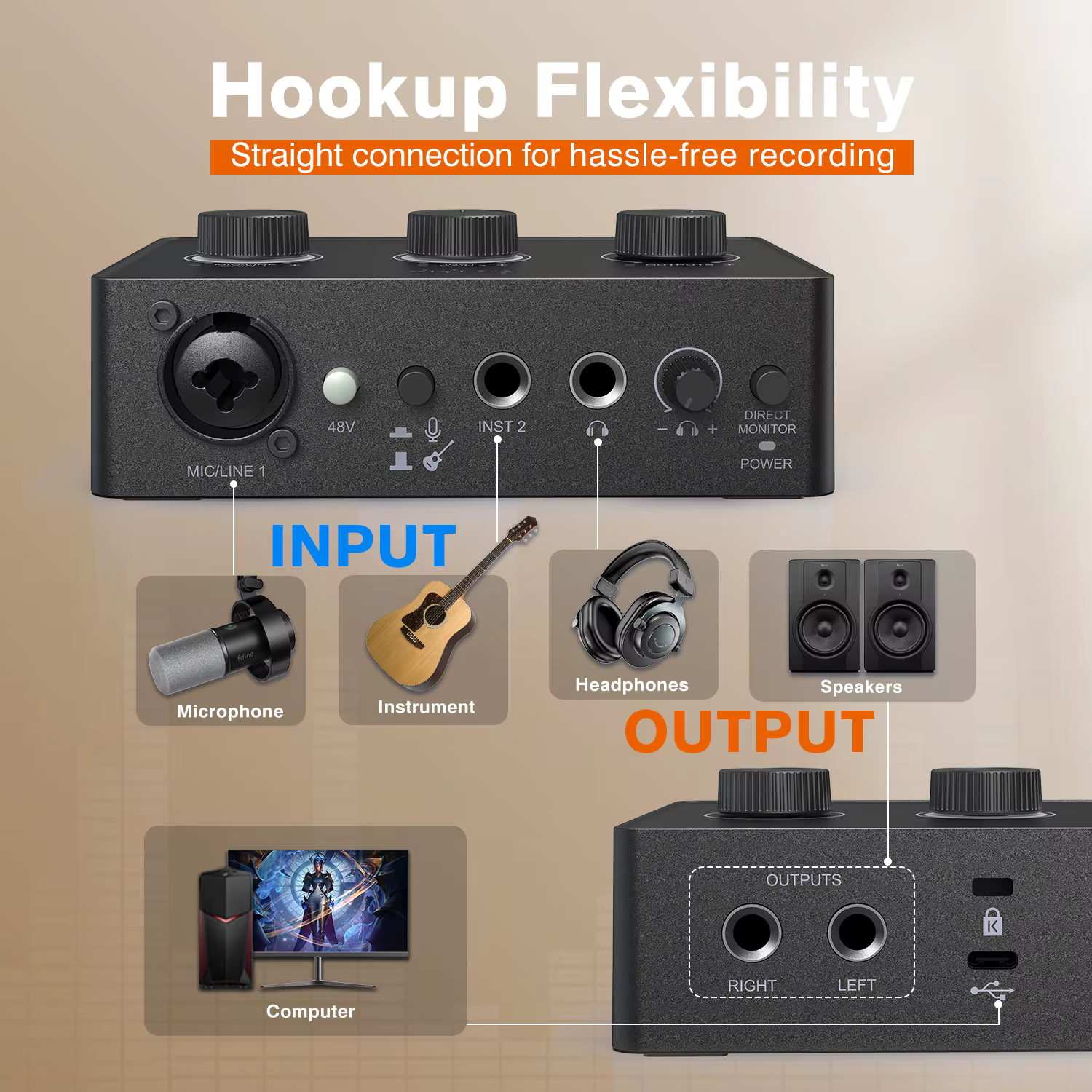FIFINE Mélangeur de son pour microphone à condensateur avec bouton de gain, interface audio avec ali