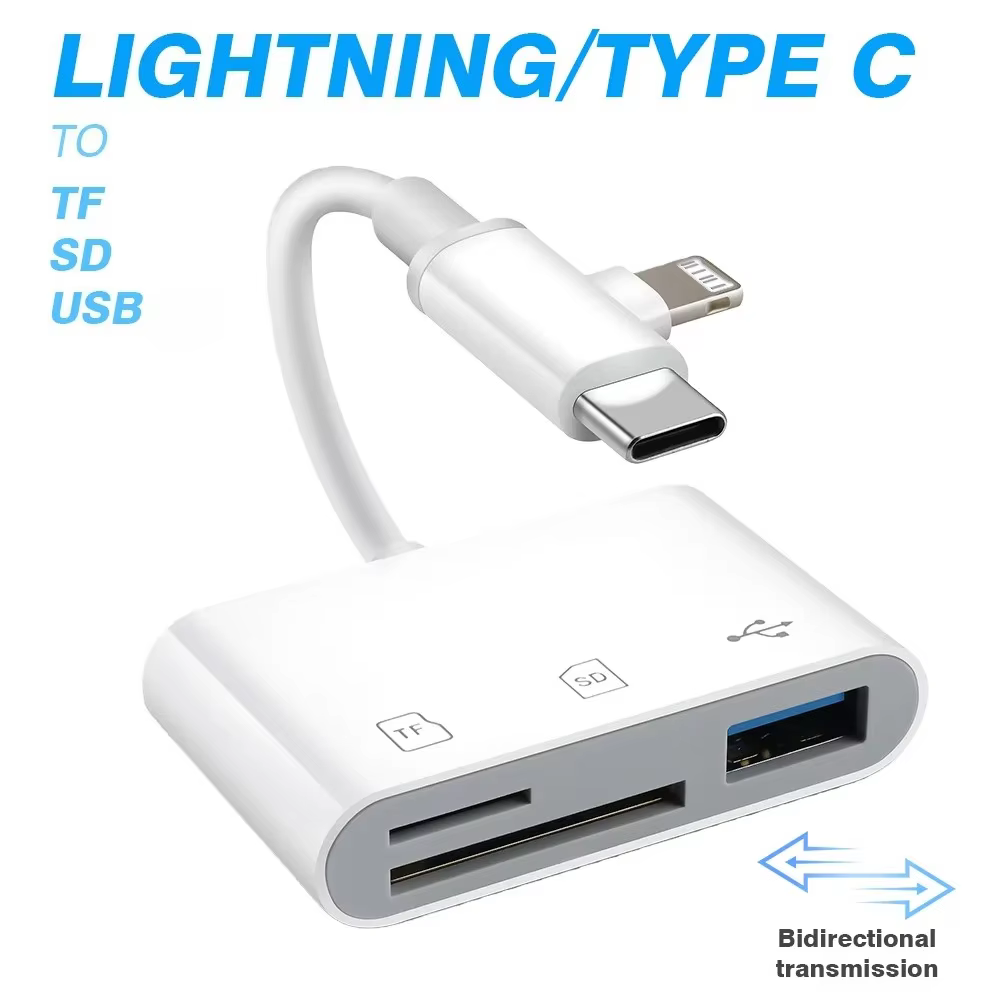 Lecteur de carte OTG 3 en 2, adaptateur de carte mémoire type-c Lightning vers SD/TF/USB pour ordina