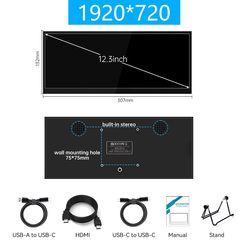 Moniteur tactile portable de 12,3 pouces avec barre d'affichage secondaire HDMI et type-c 1920x720 I