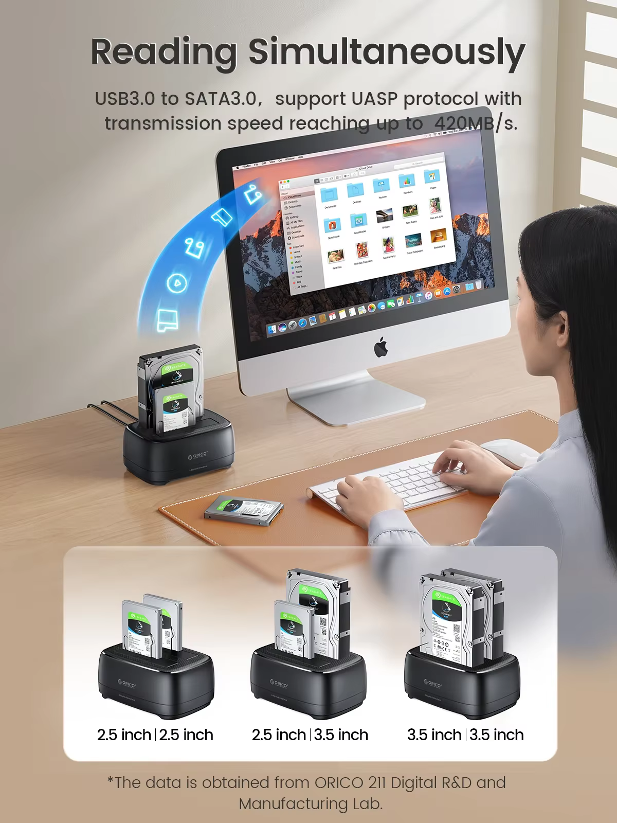 ORICO Station de disque dur double baie USB3.0 5Gbps type-c HDD Station d'accueil avec adaptateur d'