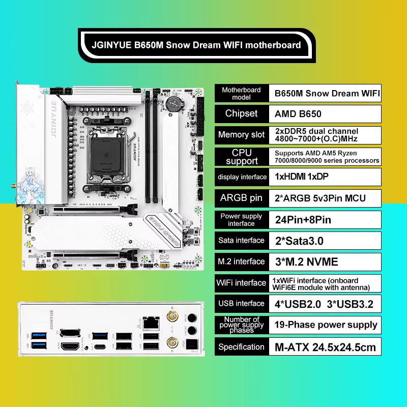 JGINYUE B650M neige rêve WIFI 6E carte mère DDR5 AM5 ordinateur de bureau de jeu DDR5 carte mère CPU