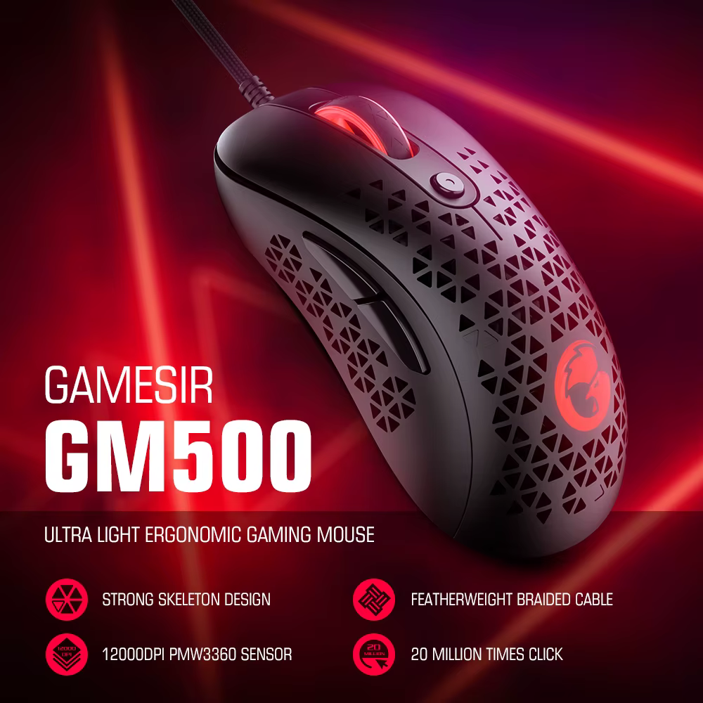 Souris de jeu filaire GameSir GM500 ultra-légère pour PC avec capteur optique PMW33600 12000 DPI