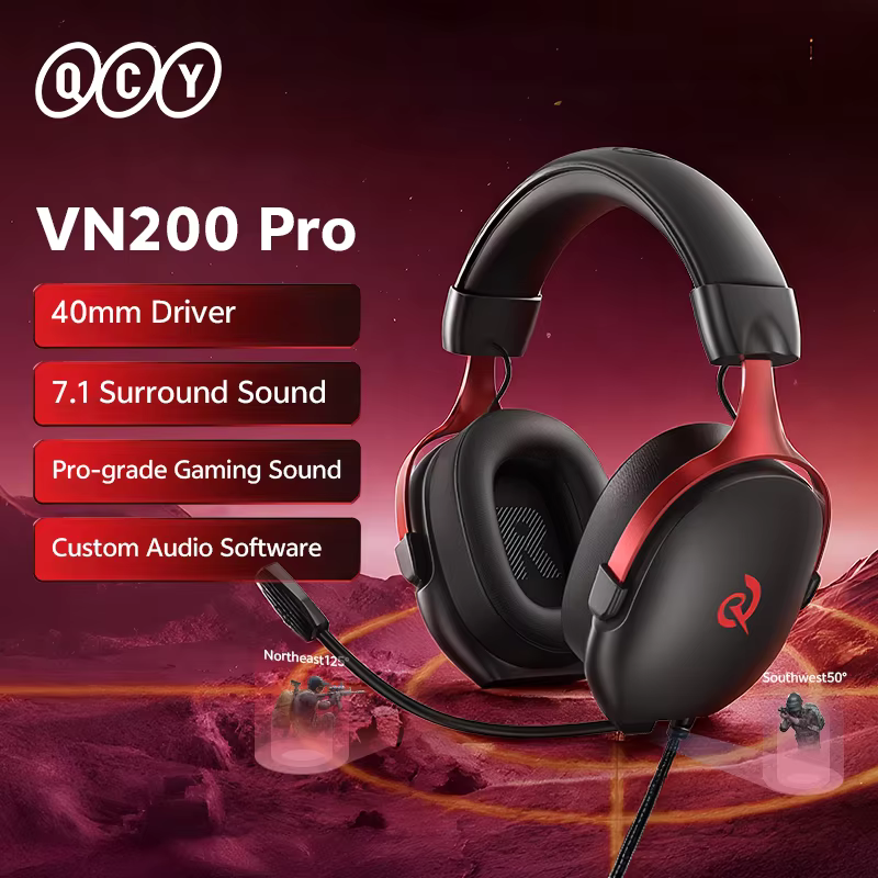 QCY VN200 Pro casque de jeu filaire avec micro 40mm pilote 7.1 Surround sur l'oreille casque pour PC