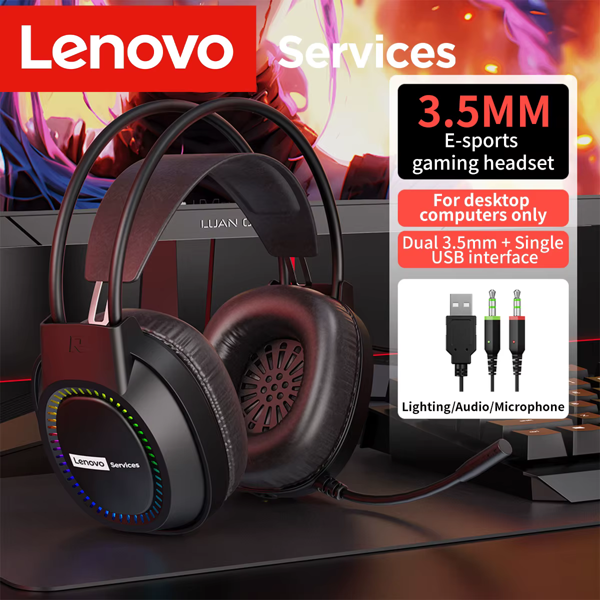 Casque de jeu Lenovo pour PC portable, circum-auriculaire, avec microphone, éclairage RGB, ajustemen