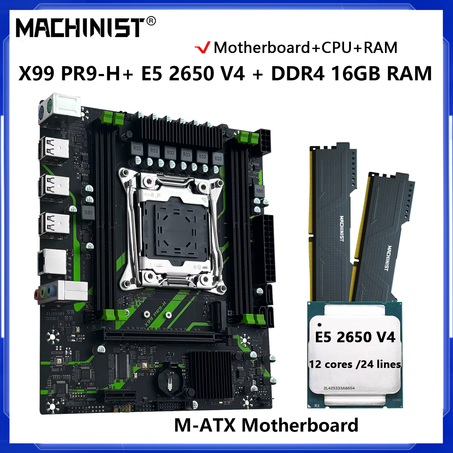 MACHINIST X99 Kit de carte mère PR9-H en option LGA2011-3 Xeon E5 2650 V4 CPU DDR4 16GB 2133MHz mémo
