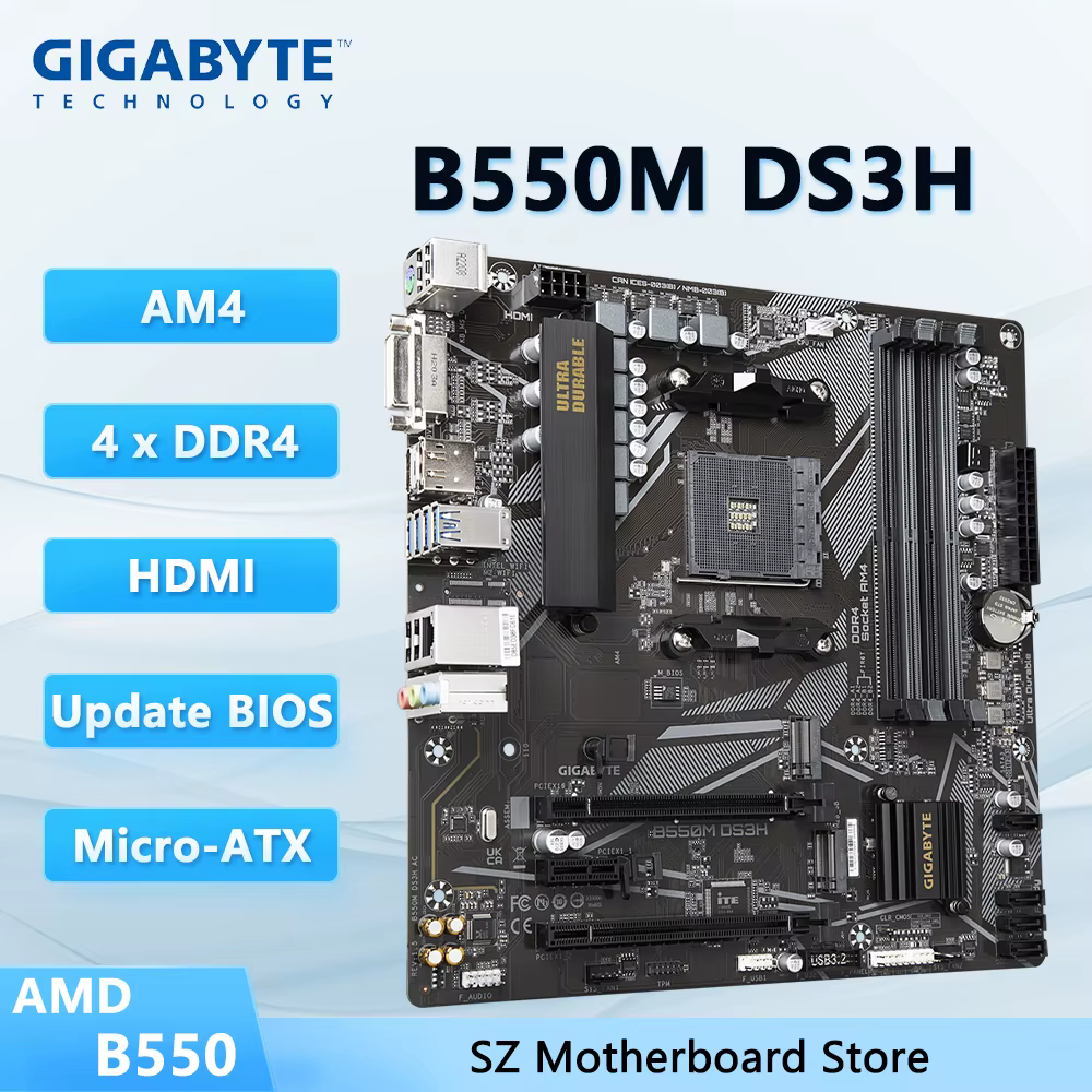Carte mère GIGABYTE B550M DS3H AM4 compatible avec les processeurs AMD B550 Ryzen 5 5600G/5600X, 7 5
