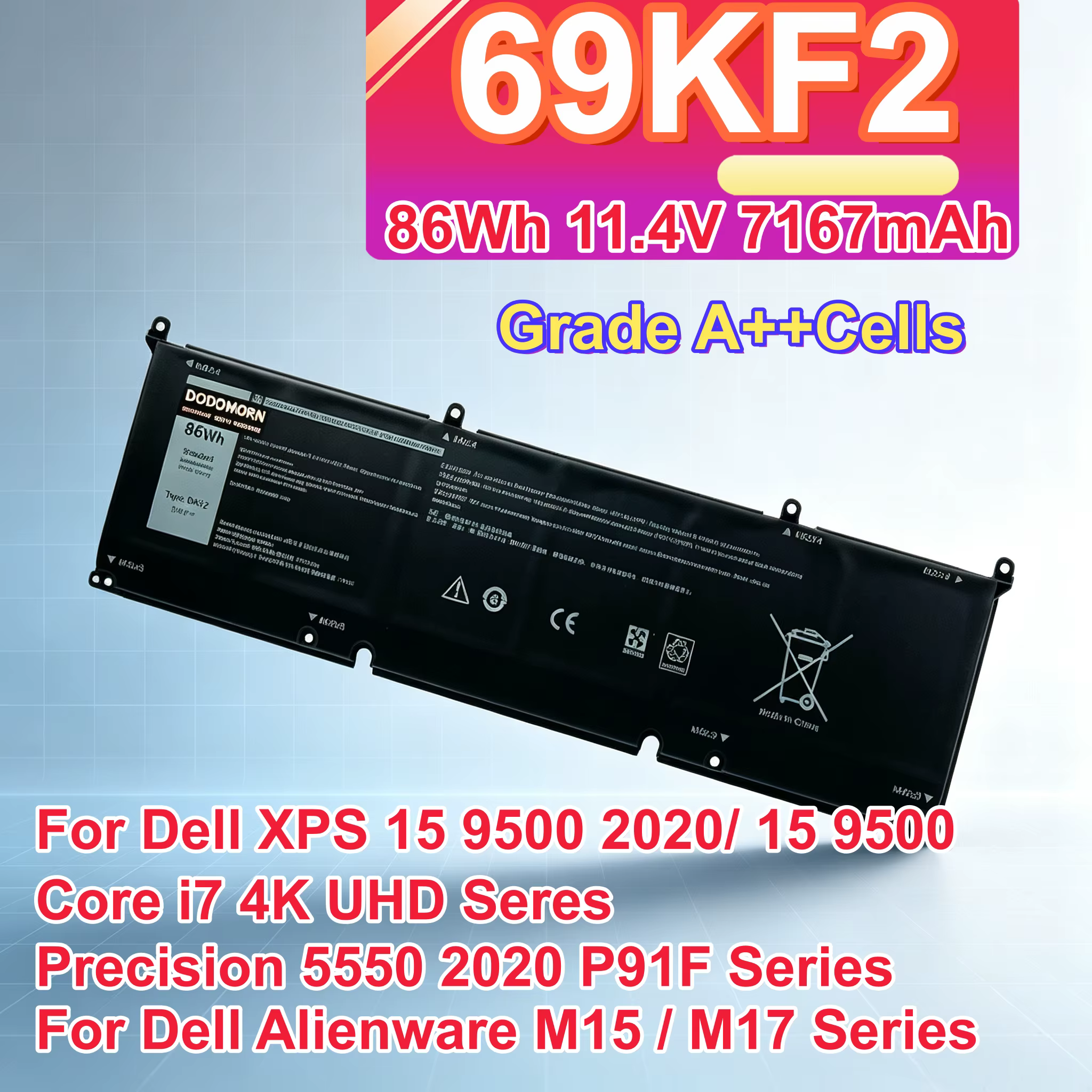 Nouvelle batterie d'ordinateur portable 69KF2 pour Dell Alienware M15 M17 R3 R4 R5 R6 R7 XPS 15 9500