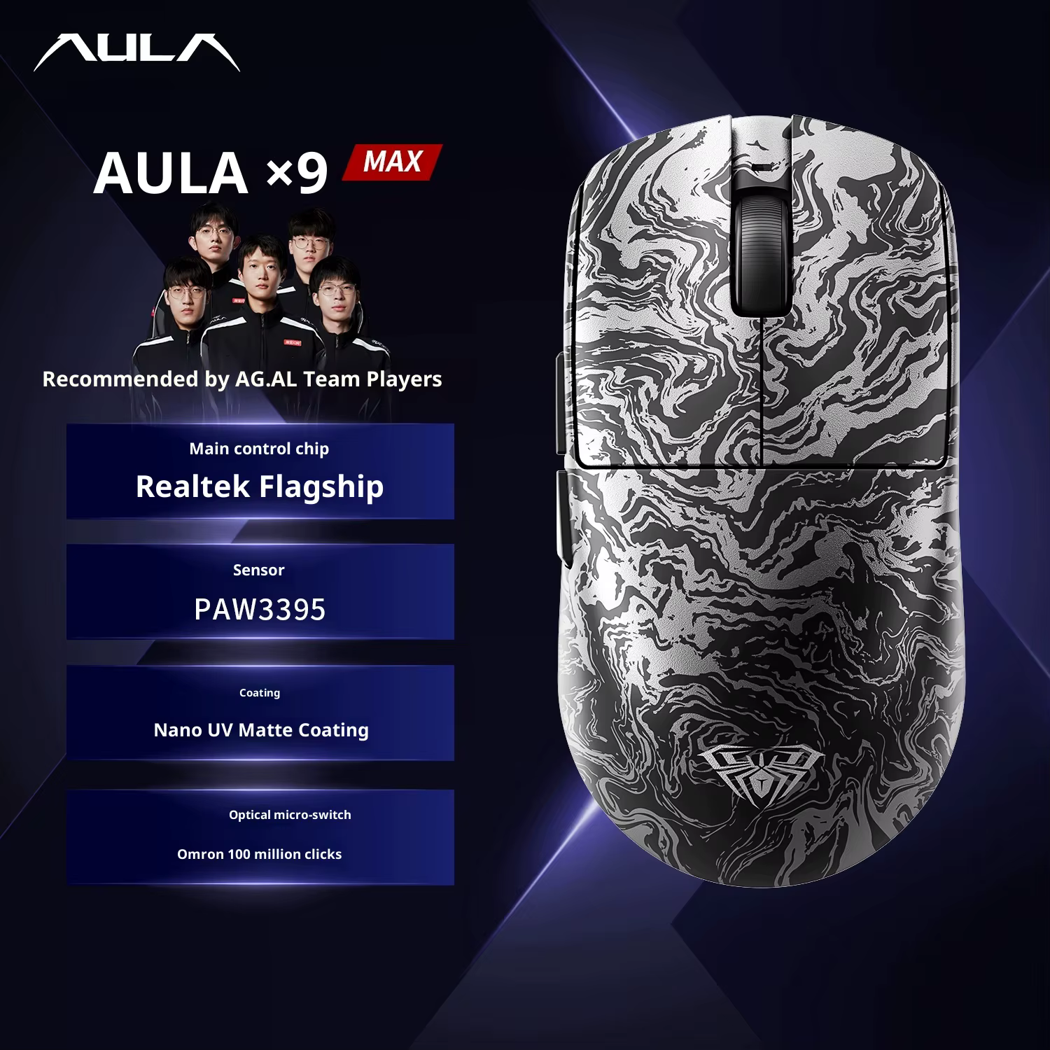 Souris de jeu AULA X9 Max Ultra sans fil, tri-mode, double 8 kHz, 500 mAh, PAW3950, légère, ergonomi
