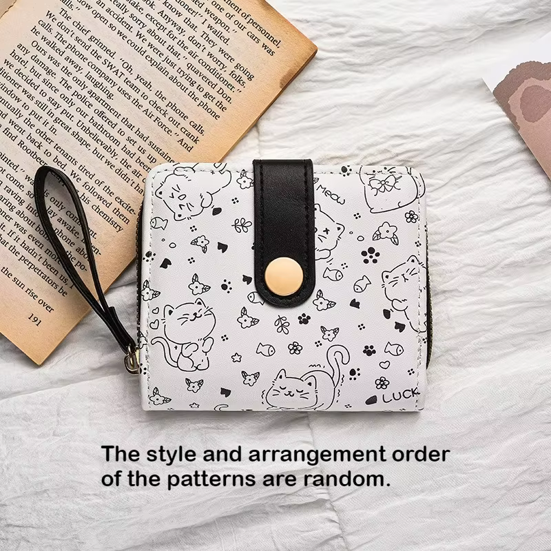 Porte-monnaie en cuir PU pour filles, 1 pièce, chat mignon, dessin animé, court, grande capacité, lé