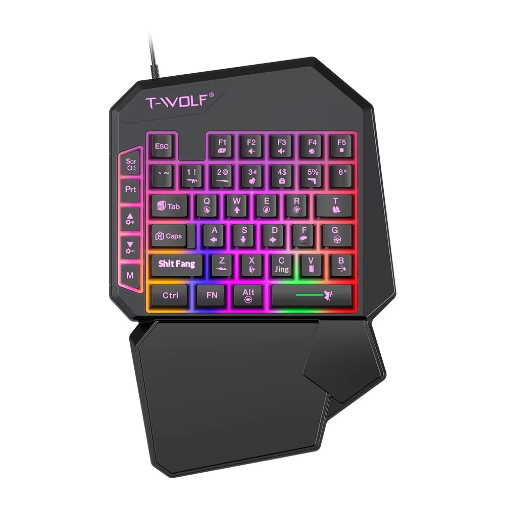 Clavier et souris de jeu T-Wolf Tf950 5 en 1, combo à une main, rétroéclairage RGB, avec tapis de so