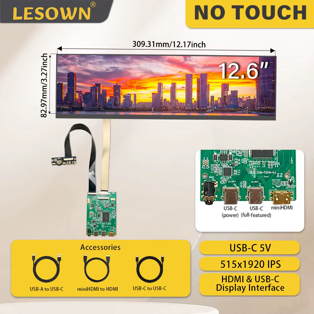 LESOWN-Écran à barre étirée large, 12.6 pouces IPS HD 1920x515 HDMI USB-C écran tactile LCD Panel Te